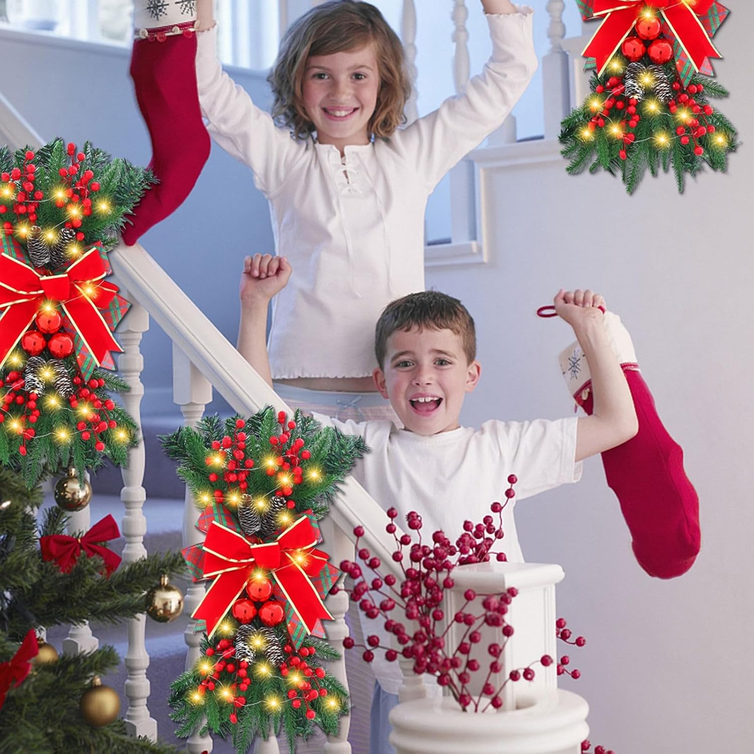 4 Pack Christmas Swags with Lights - 24" Prelit Artificial Xmas Staircase Swag Hanging Lighted Wreath Front Door Teardrop Swag Garland Christmas Swags for Decorating Outdoor Home Garden Decor