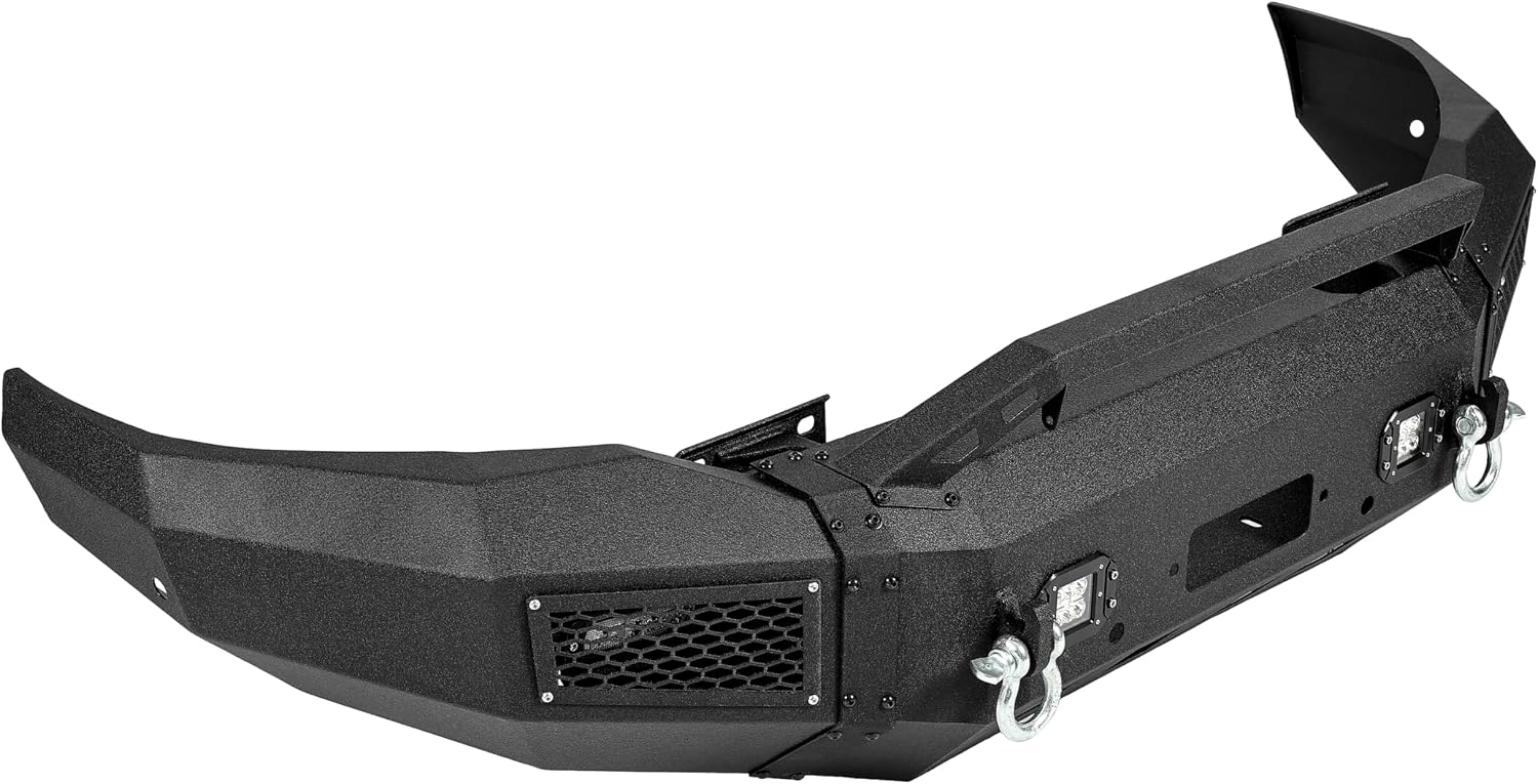 Angled view of the HECASA bumper assembly, highlighting the textured powder-coated finish and integrated features.