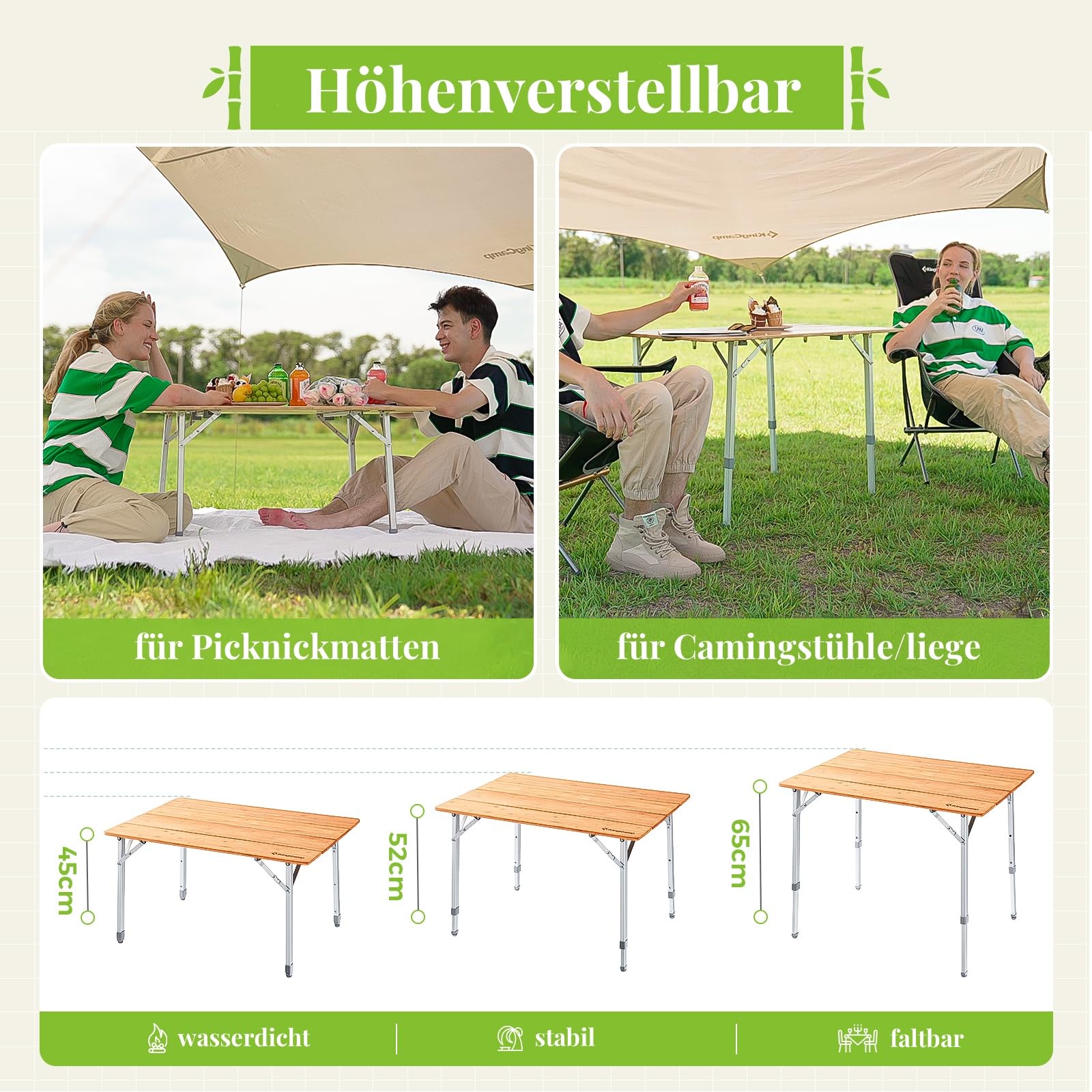 KingCamp Campingtisch und Campingstuhl Set, Campingzubehör Bundle mit höhenverstellbarem Bambus Klapptisch und XXL Relaxsessel, inklusive Tragetaschen