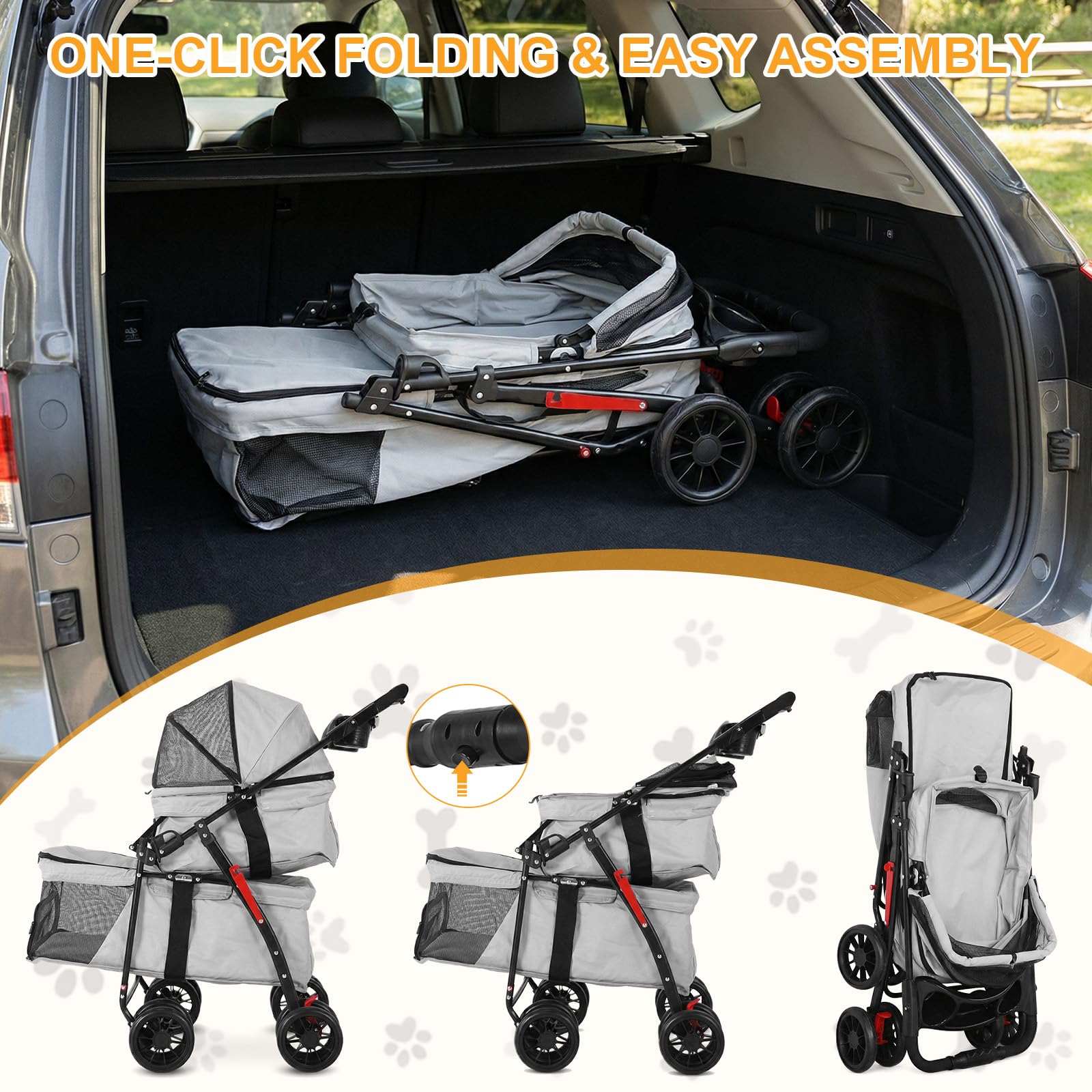 Passeggino per animali domestici a doppio strato per cani e gatti di piccola e media taglia, 3 in 1, pieghevole, passeggino da viaggio leggero, 100 cm x 73 cm x 49 cm (grigio)