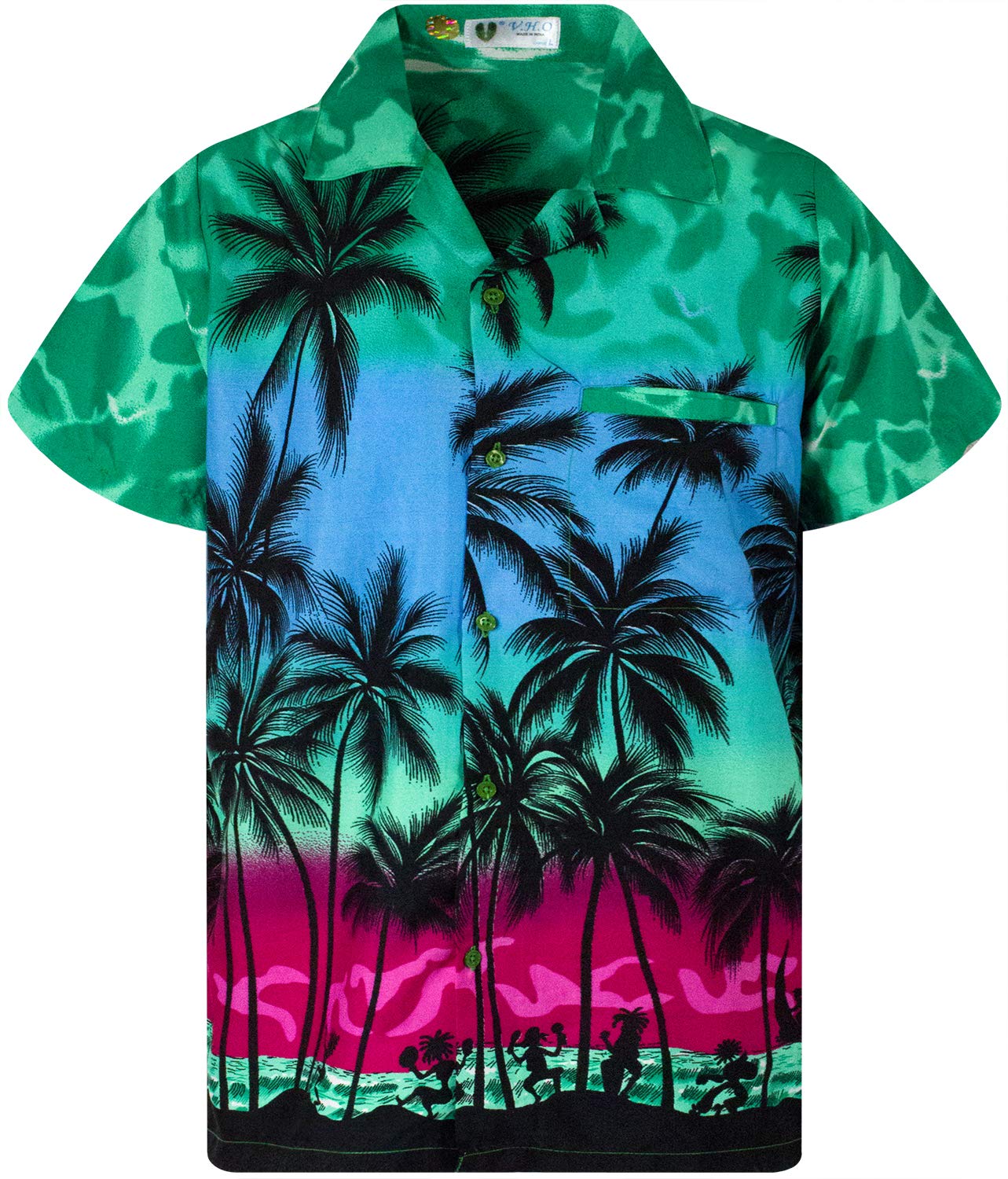 V.h.o. Men's Beach Eclectic Green Funky Hawaiian Shirt, Shortsleeve, Beach, Eclectic-Green, 5XL