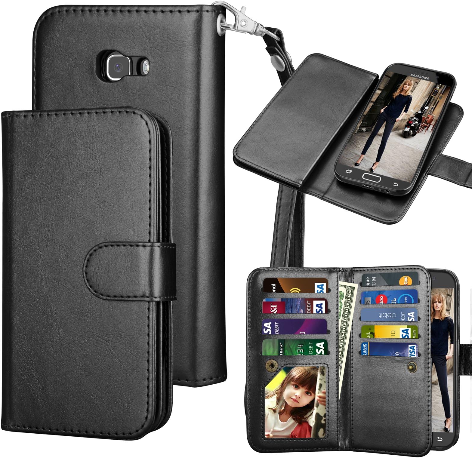 Eutekcoo Samsung A5 2017 Case Wallet,Galaxy A5 2017 Flip Case, [Magnetic Detachable Case] [Cash & 9 Card Slots] + Wrist Strap PU Leather Wallet Folio Case Cover for Samsung Galaxy A5 2017-Black