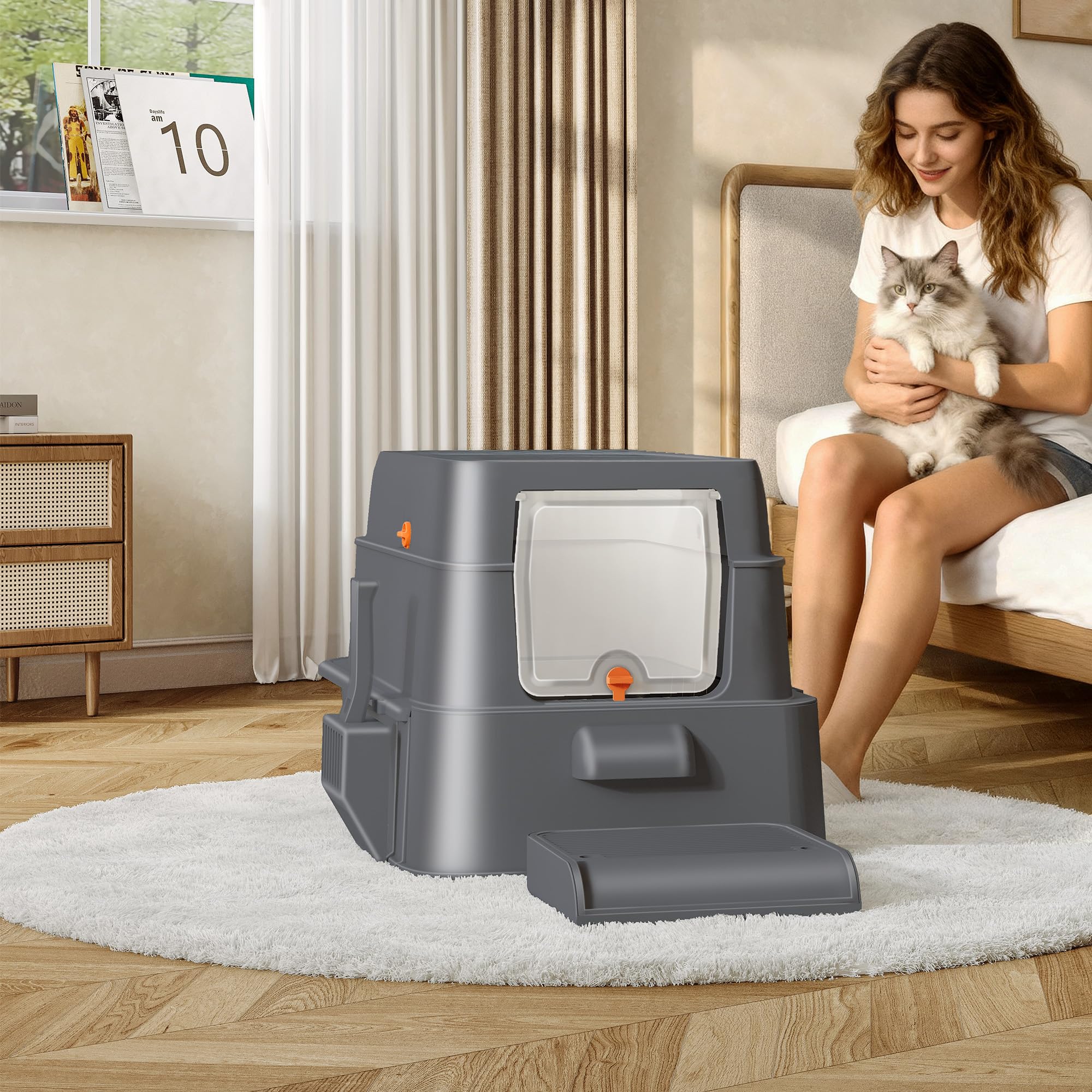 Arenero Acero Inoxidable Gatos con Cajón, 65x44x40cm, Gris Oscuro | XXL Arenero Metalico Cerrado para Gatos, Incluye Pedal y Pala, Control de Olores, Fácil de Limpiar, Dos Entradas FPLB201SG2