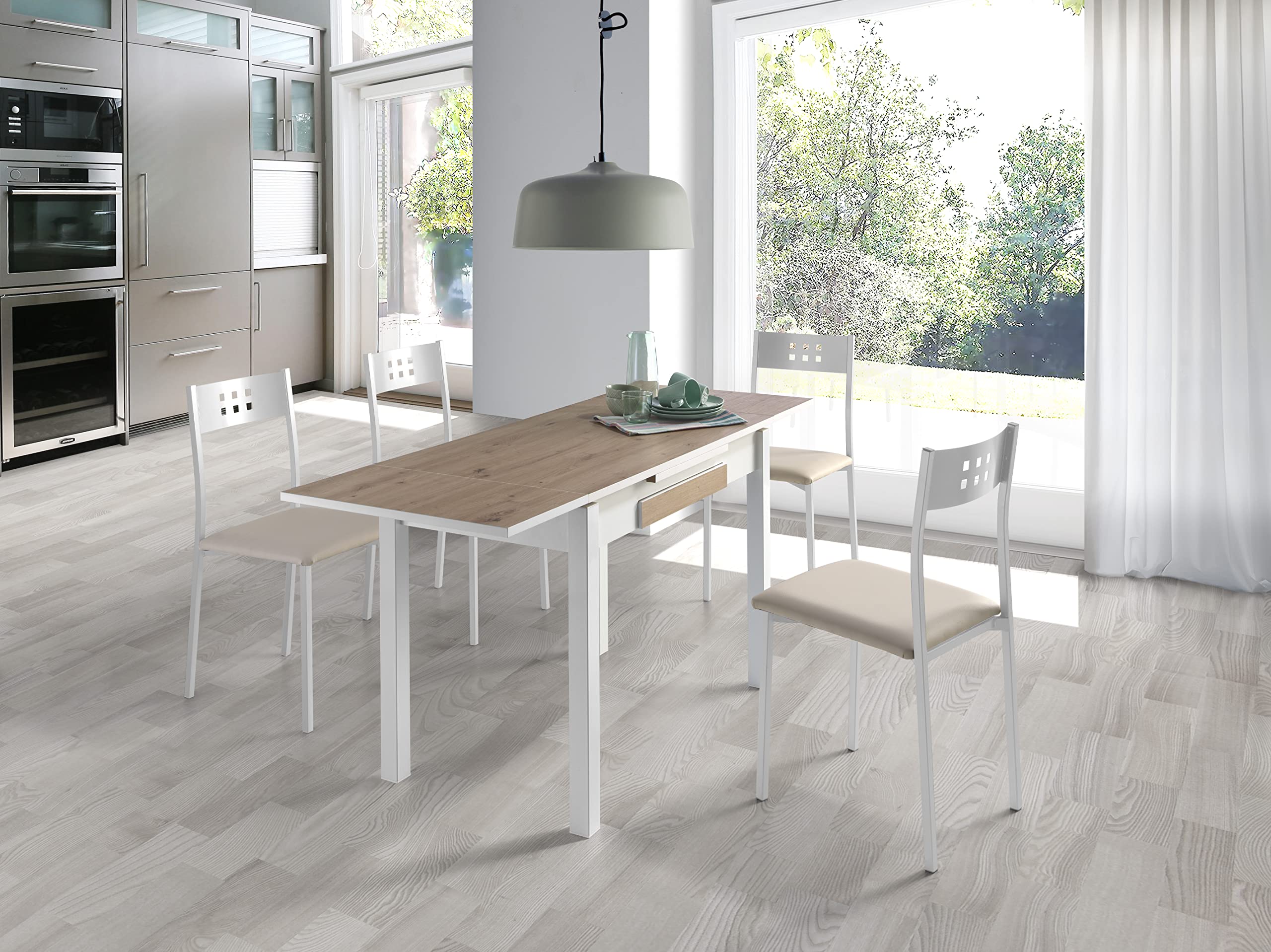 MOMMA HOME Mesa de Comedor Extensible Moderna – Mesa de Cocina Plegable y Extensible, Diseño Noli en Color Roble Rústico y Blanco, Medidas 100/160x60x76 cm