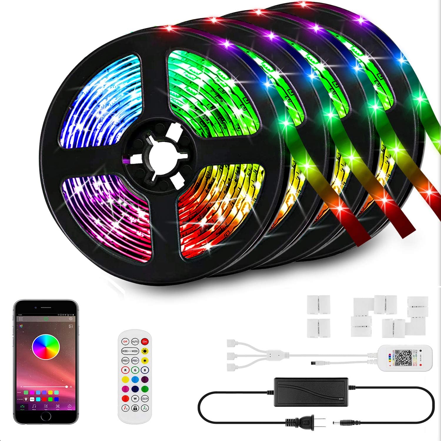 hunhun 66ft/20M LED Strip Lights Kit,LED Tape Strips,RGB LED Light Strips,Sync to Music,Smart App Strip Light,APP Controller,Light Strips for Room,Remote LED Lights for Bedroom Home Party