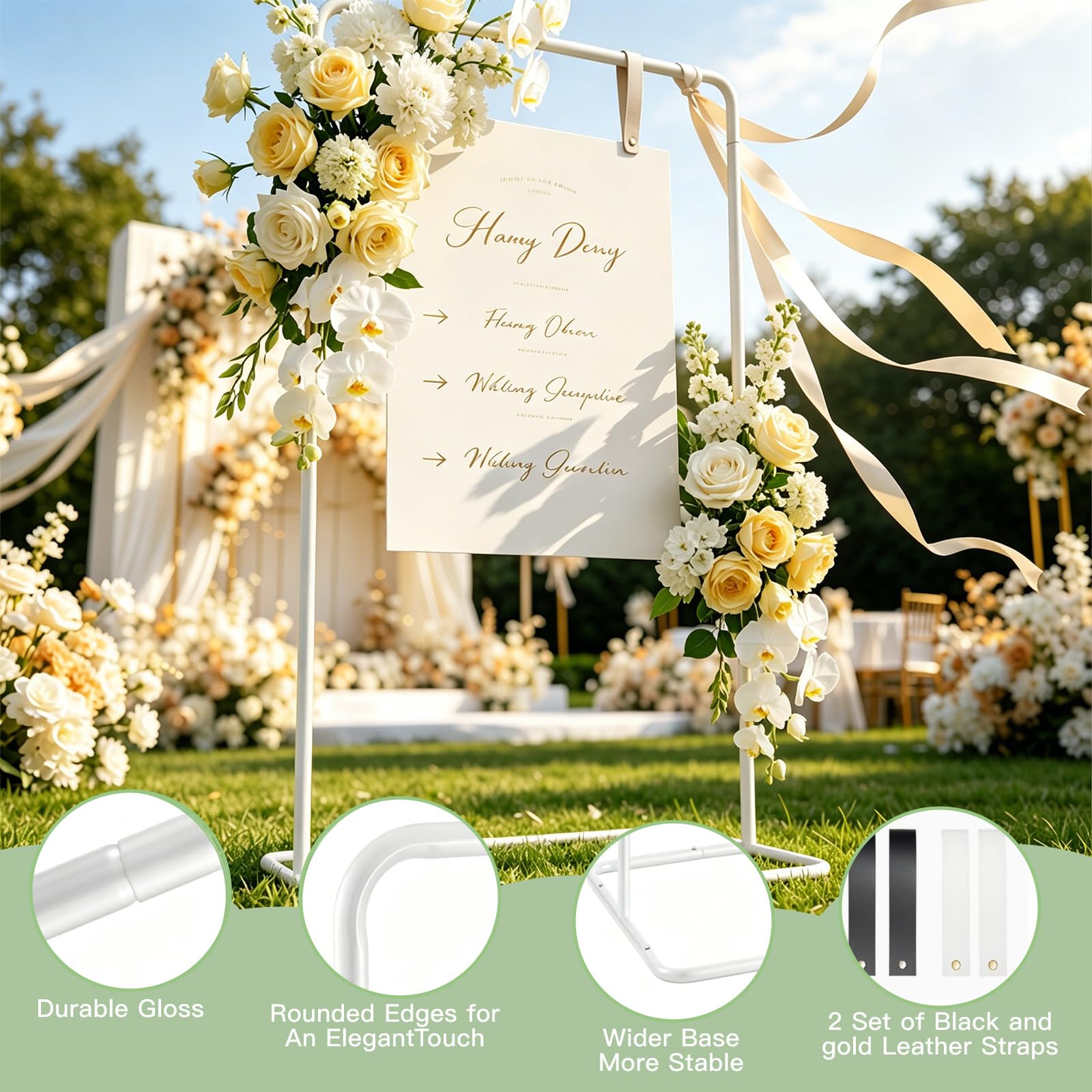 Porta cartello di benvenuto per matrimonio, 80 x 50 x 173 cm, cartello di benvenuto per matrimonio, con 4 cinghie in pelle nera, supporto per matrimoni, poster, piano di seduta, ricevimenti (bianco)