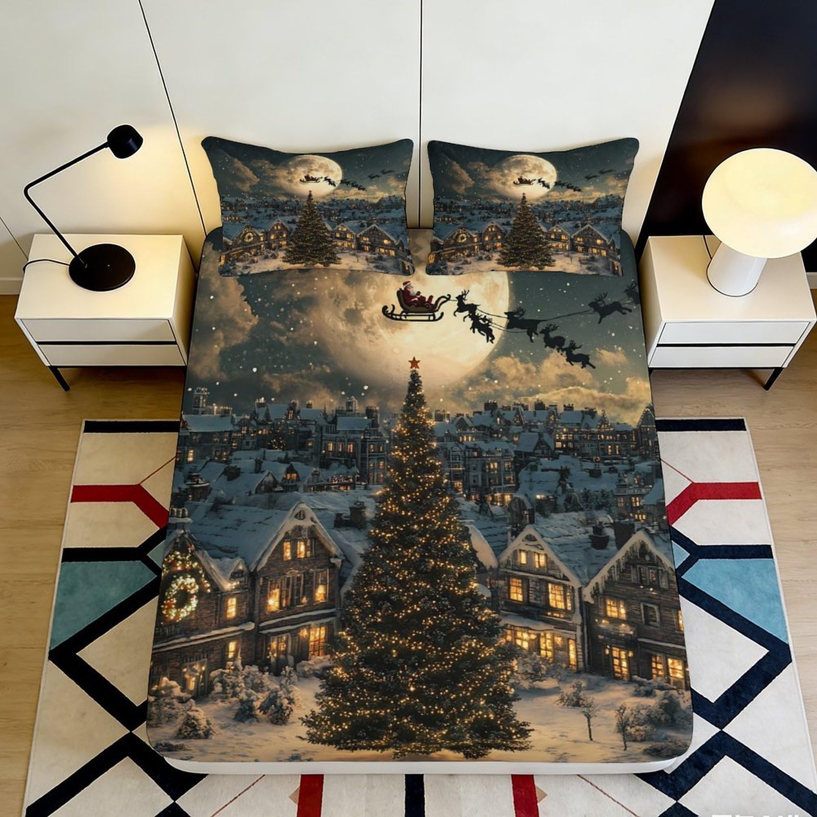 3D Printed Christmas Night Fitted Sheet Microfiber Soft Decorative Santa Sleigh Bed Cover for Bedroom Guest Room 90x200x25cm