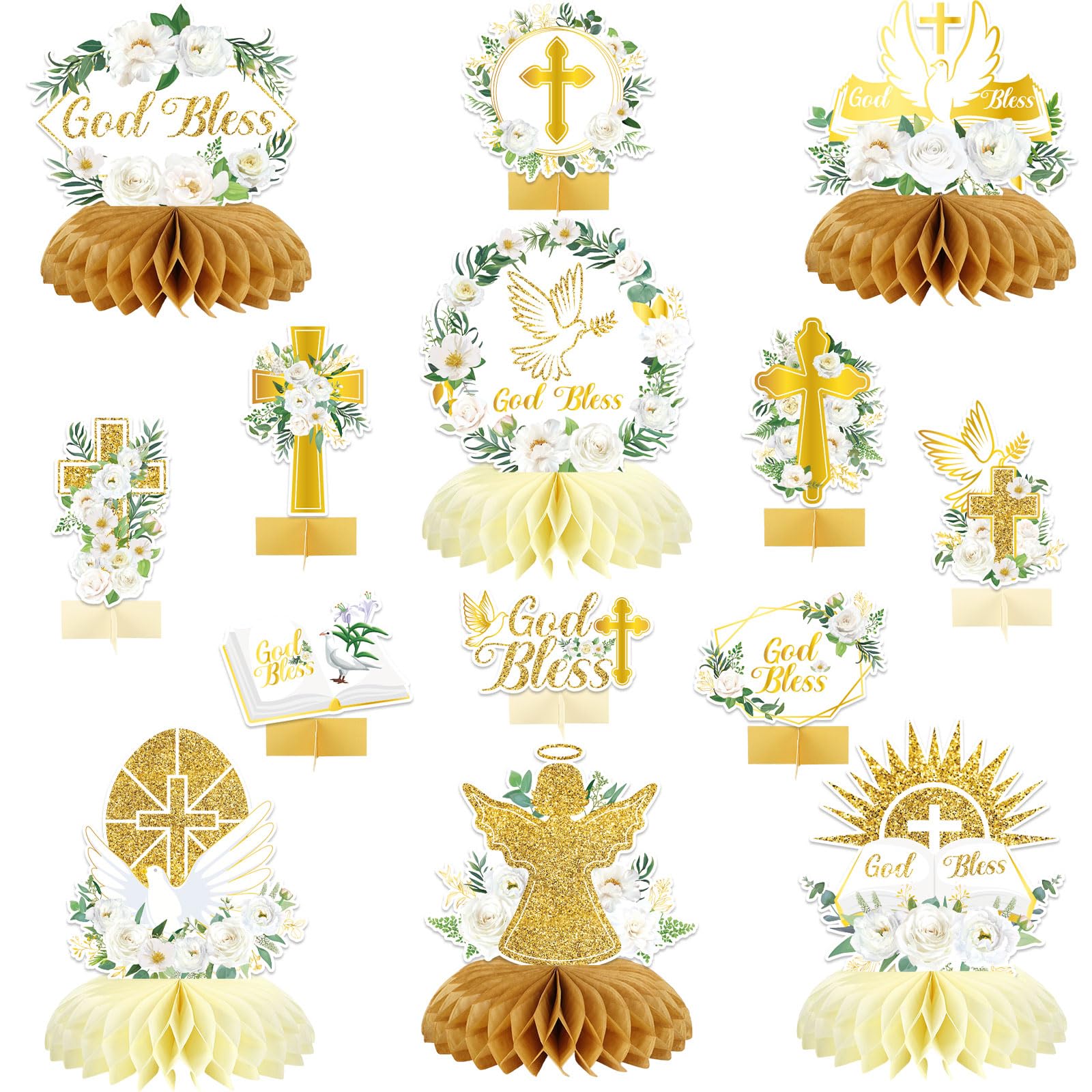 party greeting 14Pcs White Gold Floral Decoration Honeycomb Centerpieces God Baptism Decoration God Bless Centerpieces for Table Decoration First