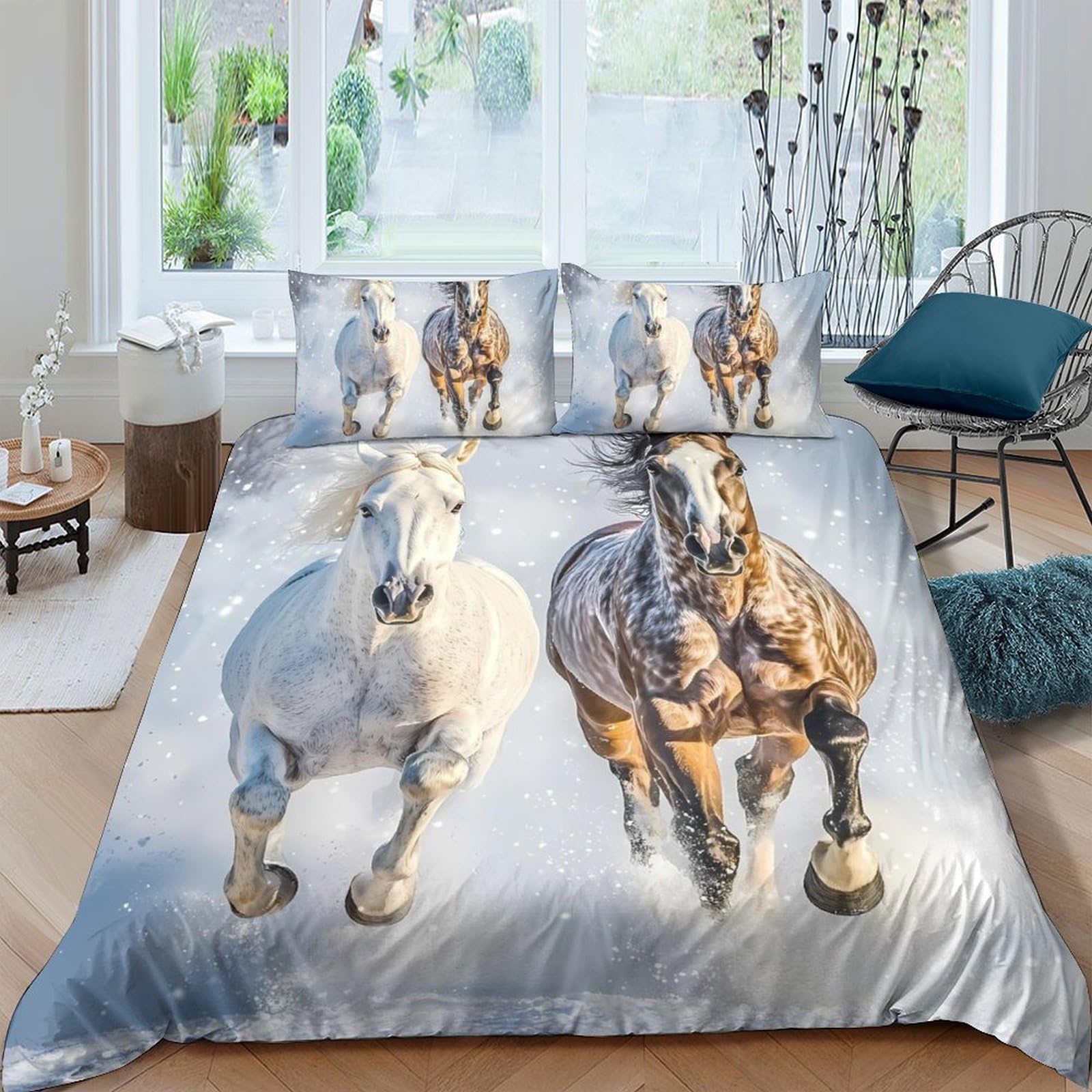 GPLZQXKJNH 3D Printed Running Horses Duvet Cover Microfiber Soft Breathable Wild Horse Bedding Set with 2 Pillowcases for Bedroom Decor Single（135x200cm）
