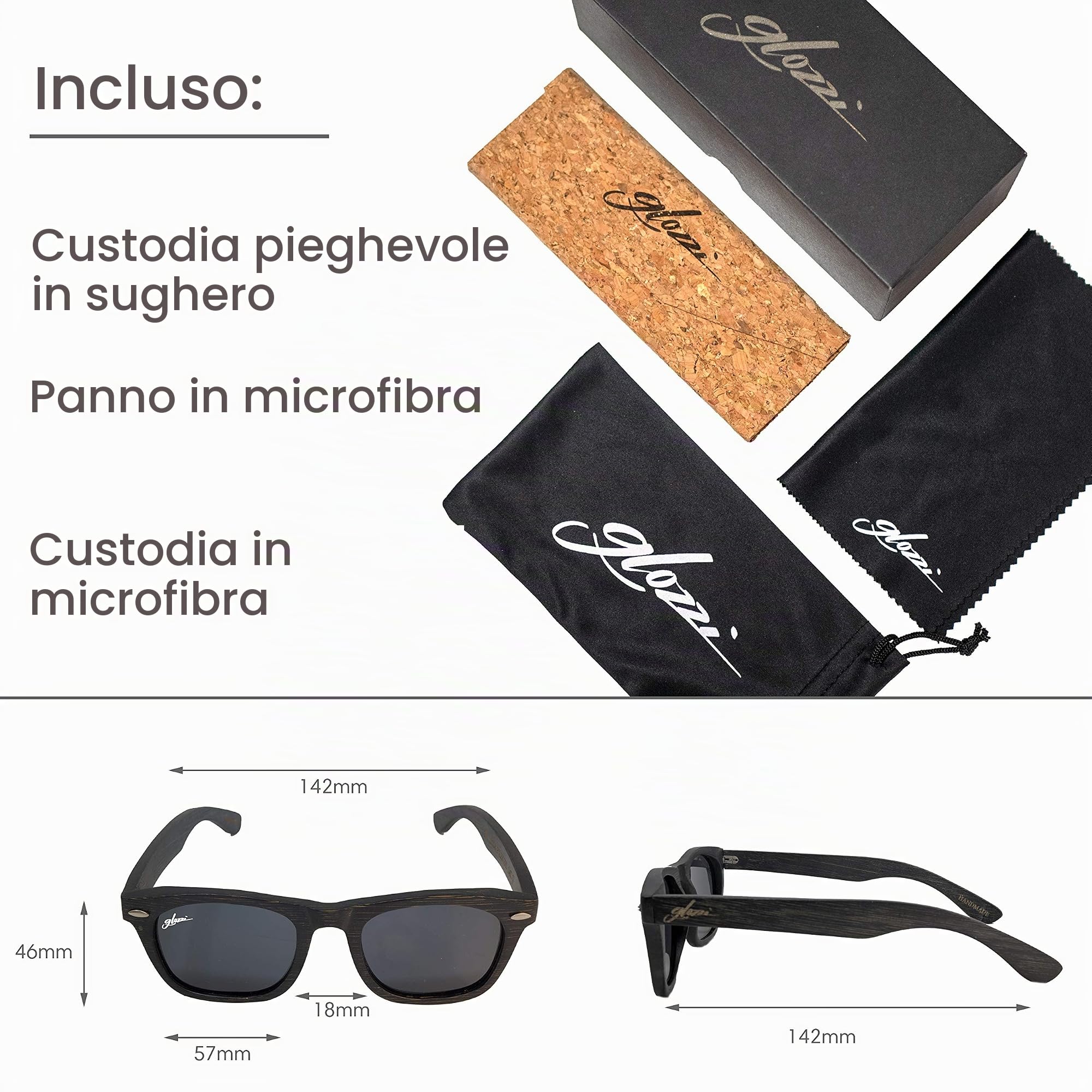Occhiali da Sole Legno di Bambù per Uomo e Donna con Lenti Riflettenti e Polarizzate UV400 di Categoria 3 e Custodia in Sughero