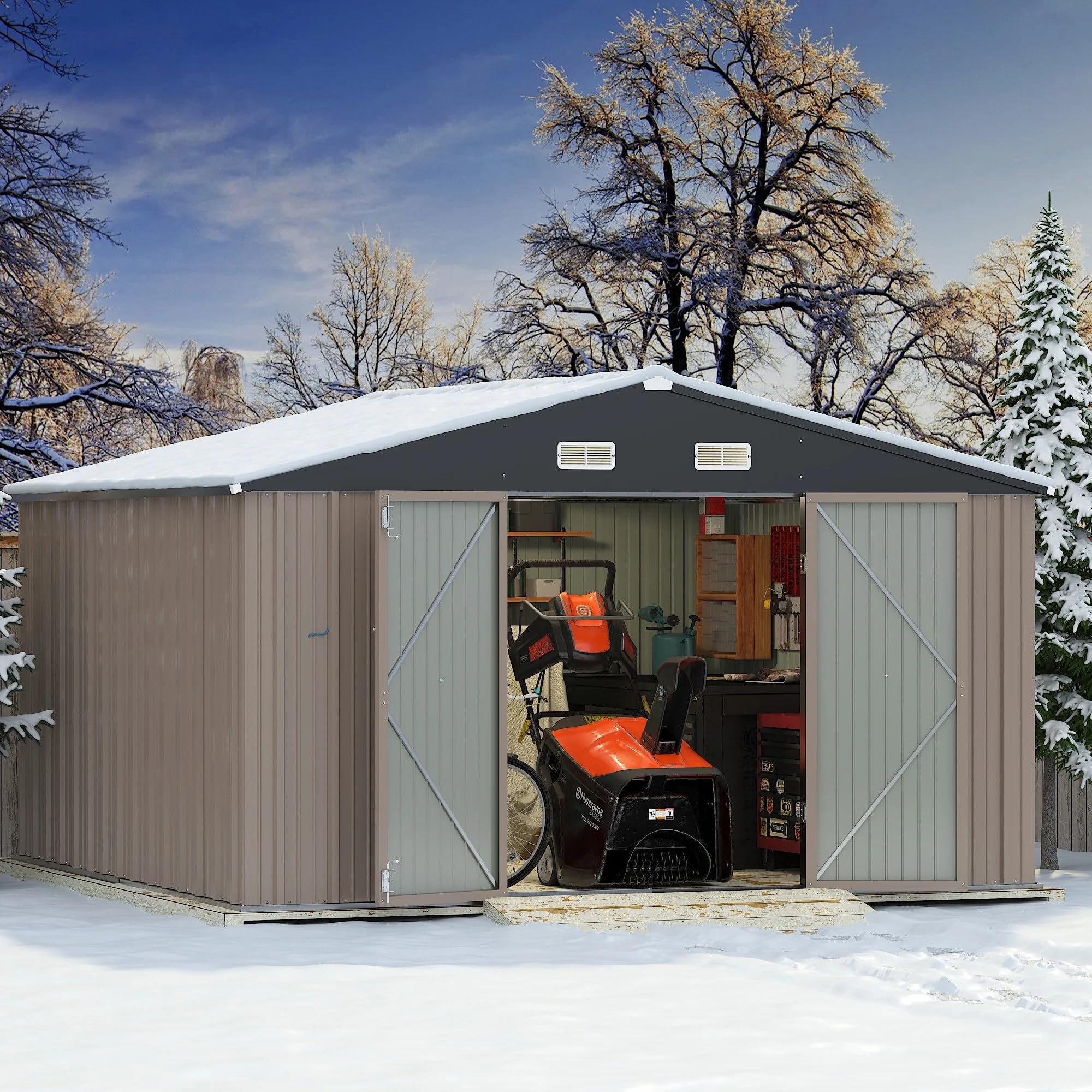 Greesum 10×10 FT Outdoor Storage Shed, Metal Storaged Sheds Without Floor, Tool Sheds with Lockable Doors and Sloping Roof for Garden, Patio, Backyard, Brown