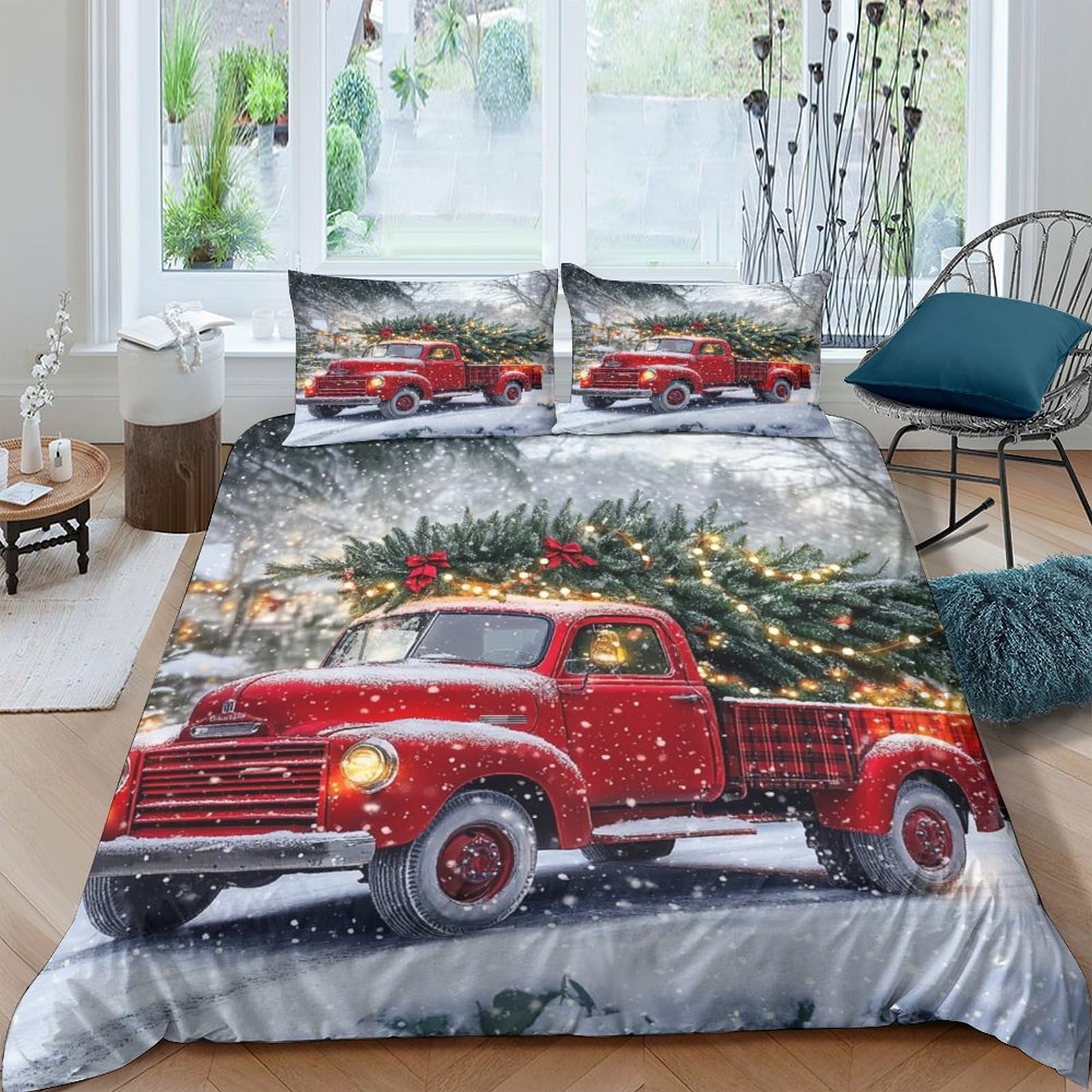 Ctjqhvkz Style-4 3D Printed Red Vintage Truck Fitted Sheet Microfiber Holiday Forest Mattress Cover For Bedroom Guest Room Decor Single（135X200cm）