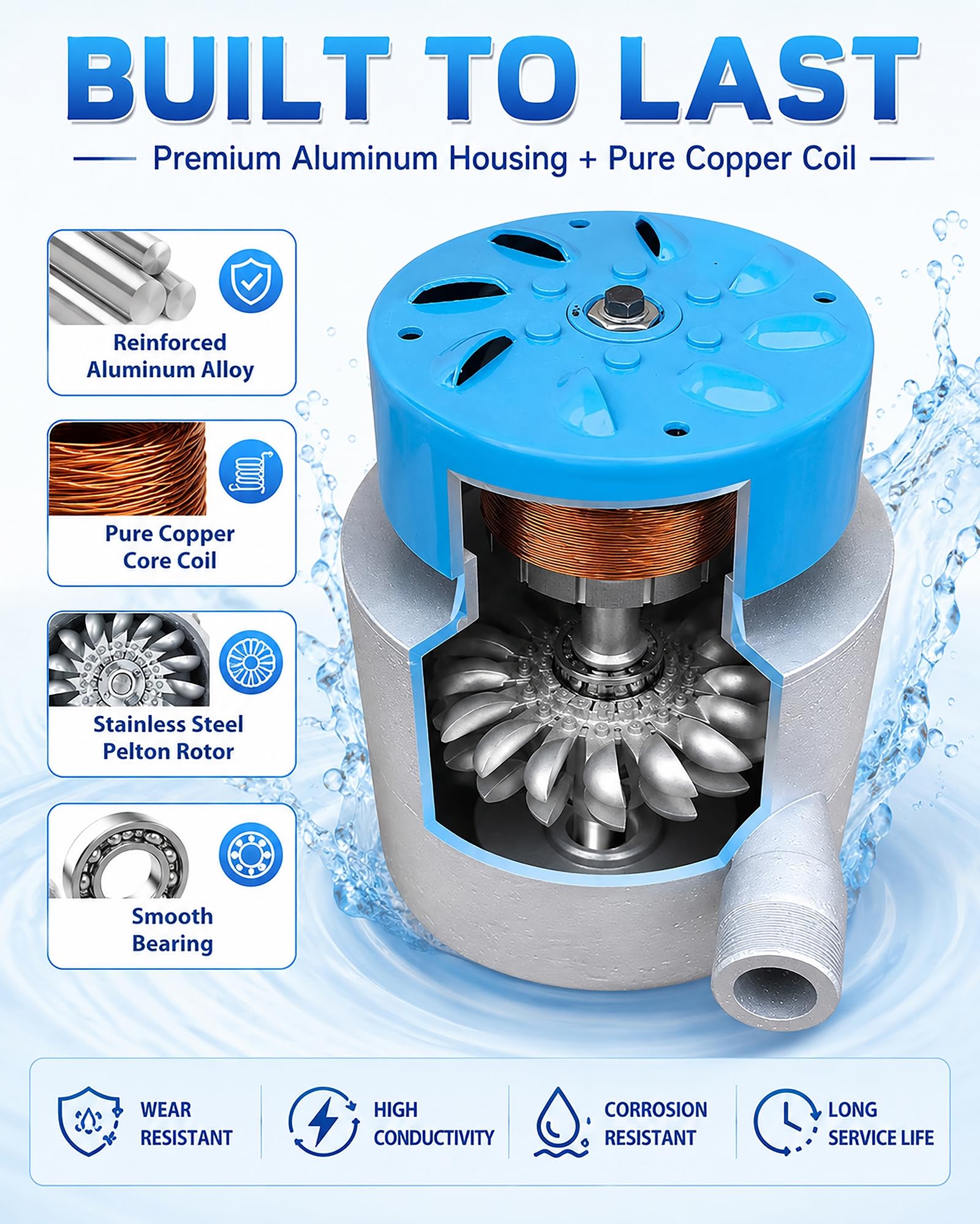 Generador Micro Hidroeléctrico 3KW 110V 220V Equipo Hidráulico Portátil de Aleación Aluminio para Hogar Camping Fuera Red Energía Respaldo,3000w,110V/220V