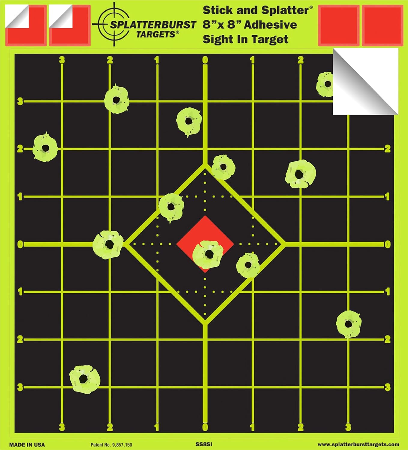 Splatterburst Targets - 8 x 8 inch Sight in Stick & Splatter Adhesive Shooting Targets - Shots Burst Bright Fluorescent Yellow - Great for All Firearms, Airsoft & Pellet Guns - Made in USA