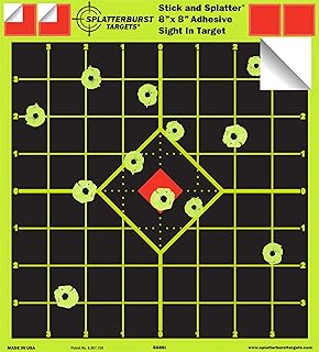 Splatterburst Targets - 8 x 8 inch Sight in Stick & Splatter Adhesive Shooting Targets - Shots Burst Bright Fluorescent Yellow - Great for All Firearms, Airsoft & Pellet Guns - Made in USA