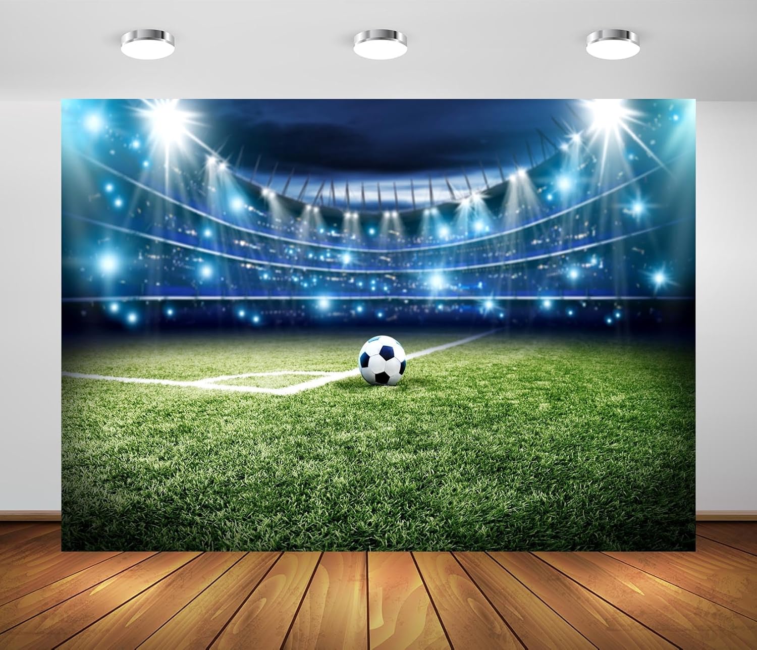 BELECO 7x5ft Fabric Football Backdrop Soccer Pitch Sports Stadium Soccer Field Green Grass Lawn Background Soccer Theme Party Decorations Banner Birthday Photoshoot Studio Props