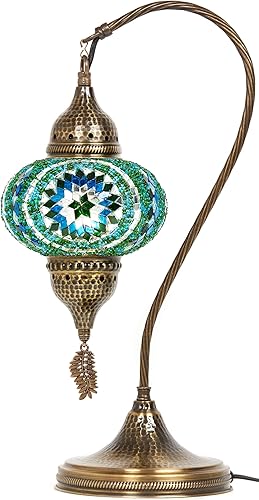 Miniatura 2 de Lámpara CopperBull con tulipa hecha a mano con mosaico, estilo cuello de cisne, para mesita de noche, estilo Tiffany marroquí-turco, Multi,