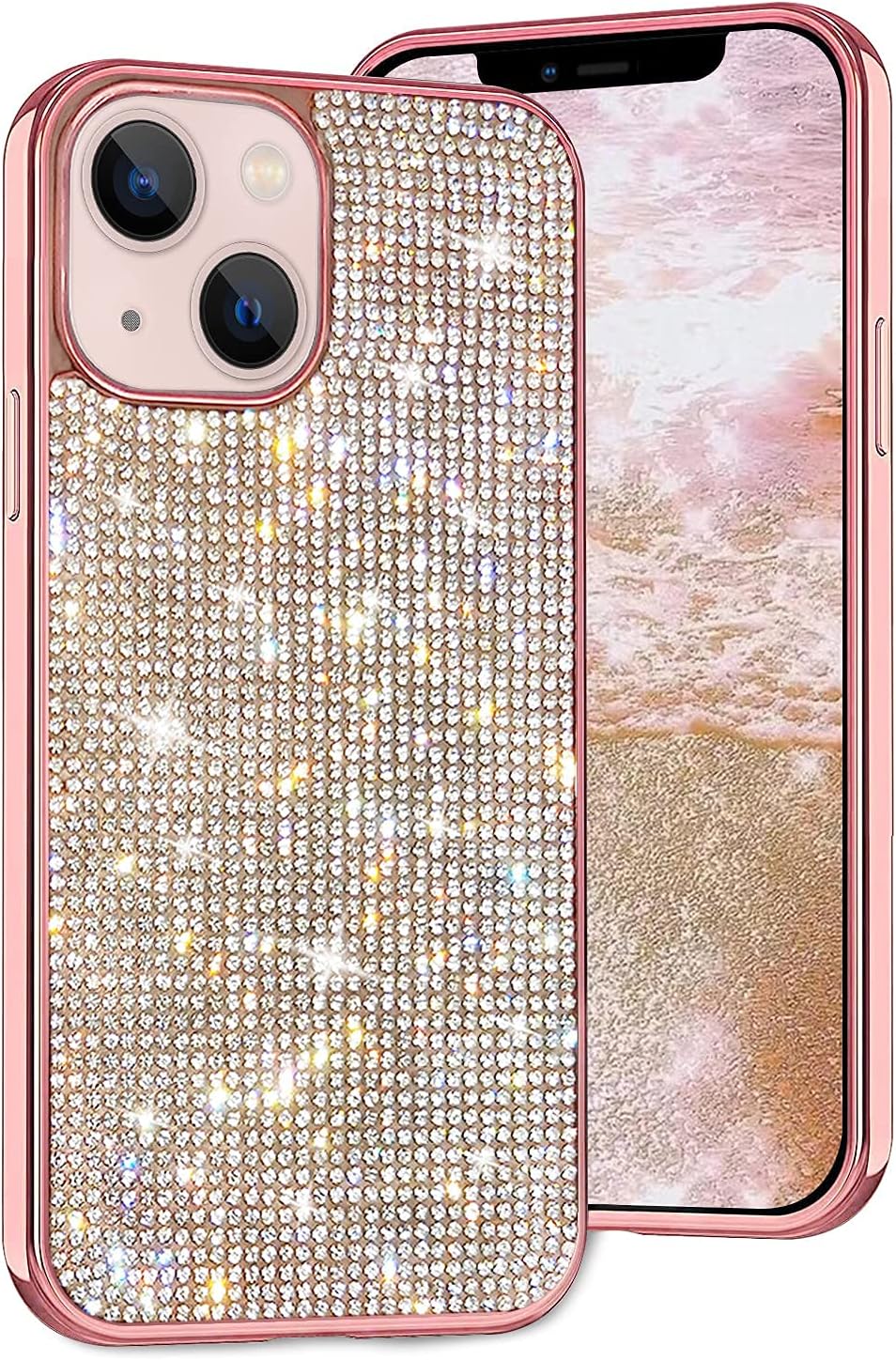 LUVI Cute Compatible with iPhone 13 Bling Diamond Case Glitter for Women 3D Rhinestone Crystal Shiny Sparkly Protective Cover with Electroplate Plating Bumper Luxury Fashion Case Rose Gold