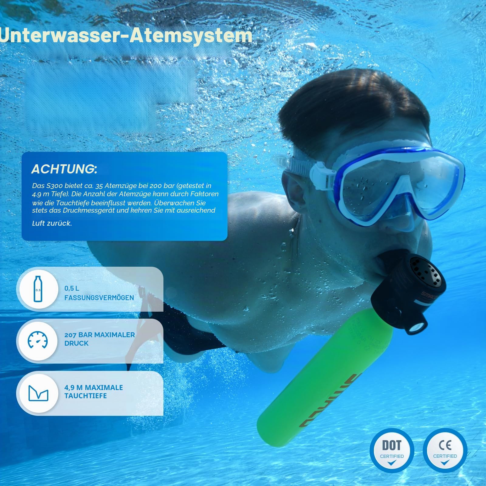 SMACO Mini Scuba Tank 0,5L Tragbarer kleiner Tauchtank für Unterwasseratmung Wiederverwendbarer Tauchzylinder bis zu 10 Minuten Tauchzeit Lung Tauchen Tank Notrettung Pony Flasche S300