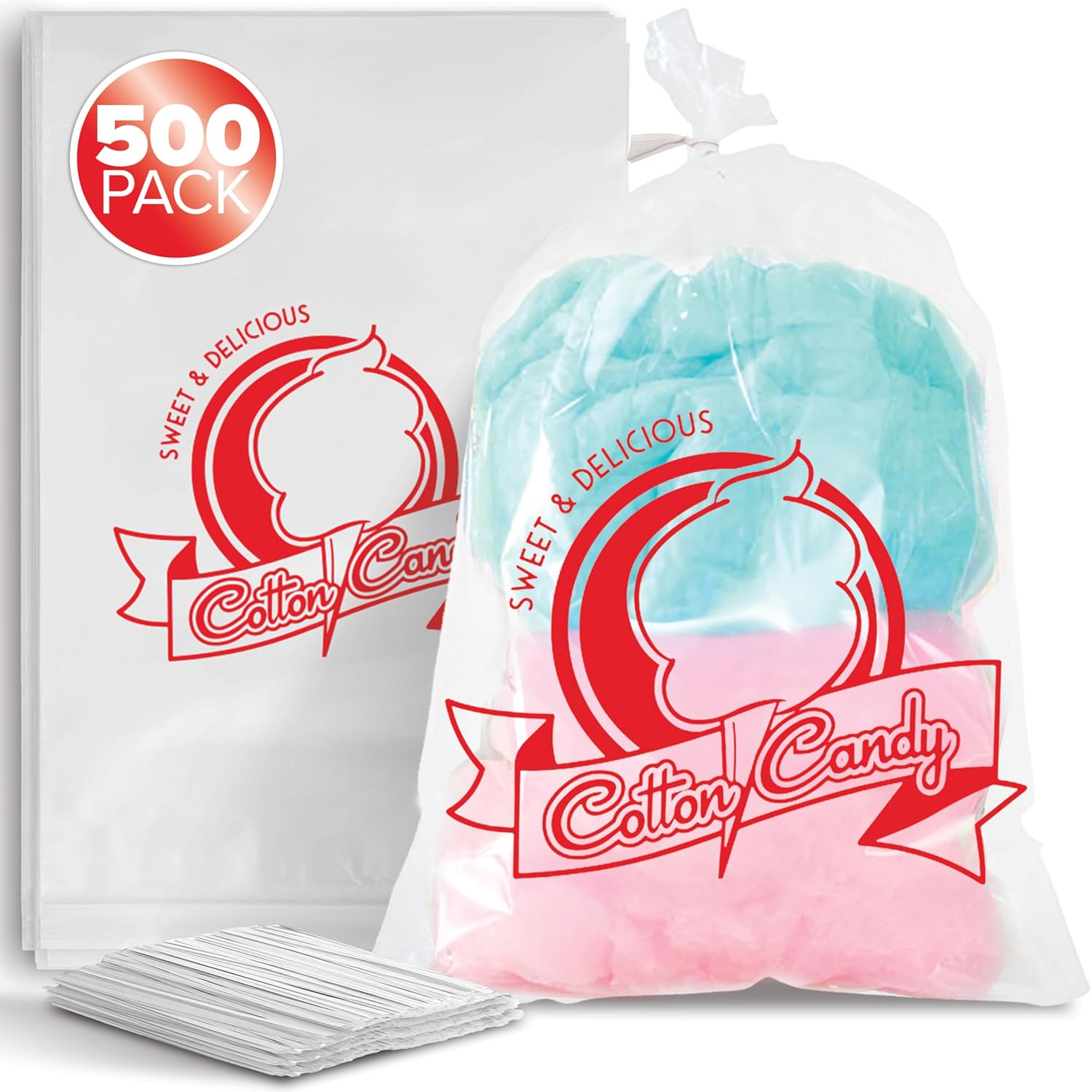 Clear Cotton Candy Bags with Ties, Bulk 500 Count, Perfect for Cotton Candy Sticks and Cones