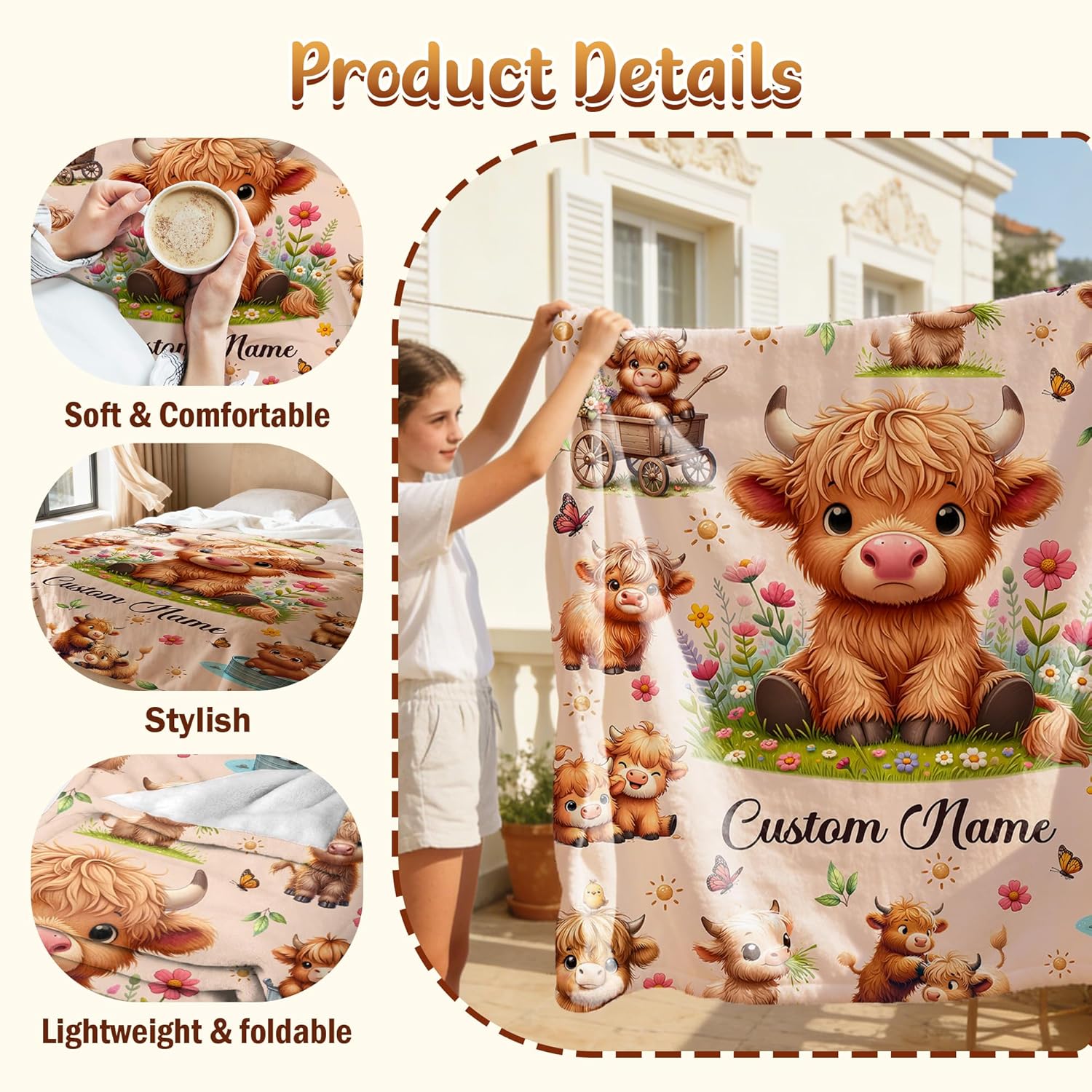 Custom Highland Cow Blanket,Personalized Baby Highland Cow Blanket,Soft Cozy Personalized Name Blankets for Kids, Baby Gift Blankets,60"x80"-Queen Size for Adults