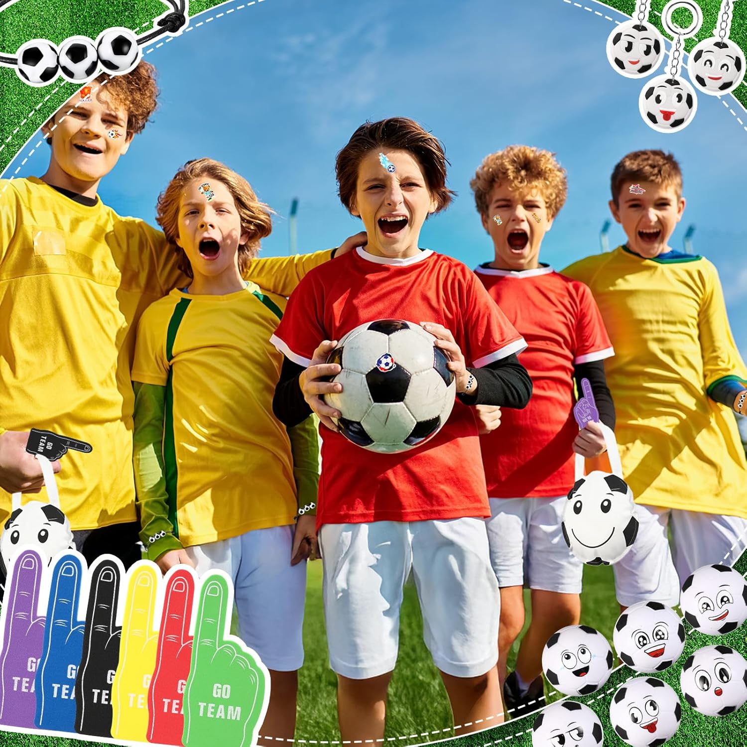 Maxdot 122 Pcs Soccer Party Favors Set Serve 12 Soccer Non Woven Goodie Bags Mini Face Stress Foam Finger Ball Keychain Bracelet Stickers for Kids Sports Birthday Party Supplies Gifts - Image 7