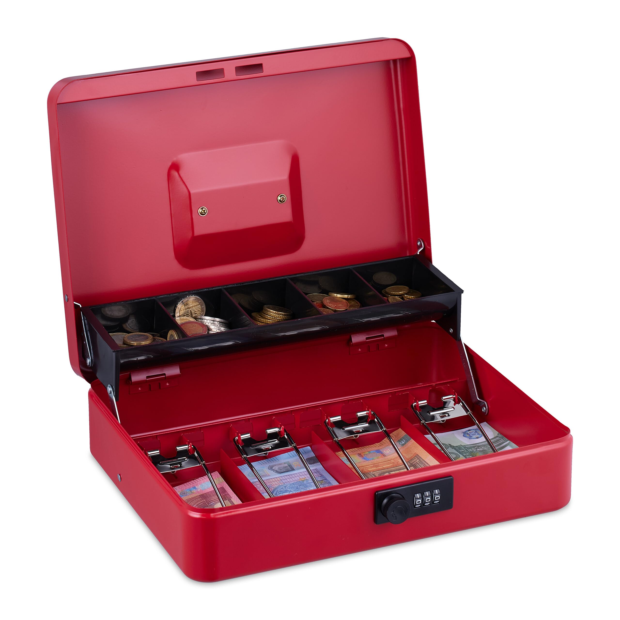 Relaxdays cash box, 3-digit combination, coin insert & 4 note compartments, lockable, iron cash box, red