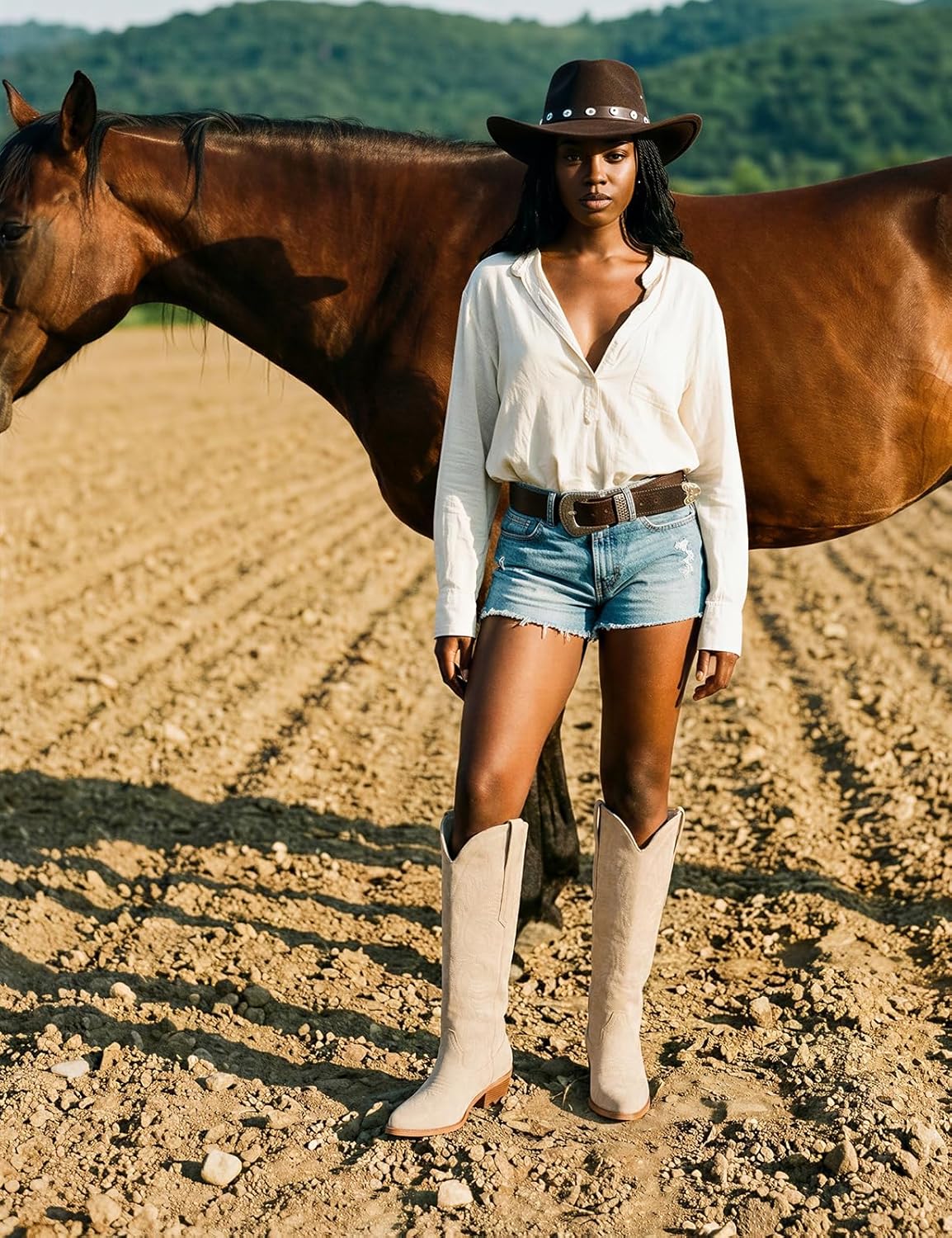 Modatope Cowboy Boots for Women Knee High Cowgirl Boots Embroidered Pointed Toe Chunky Heel Western Boots Pull On Wide Calf Tall Boot