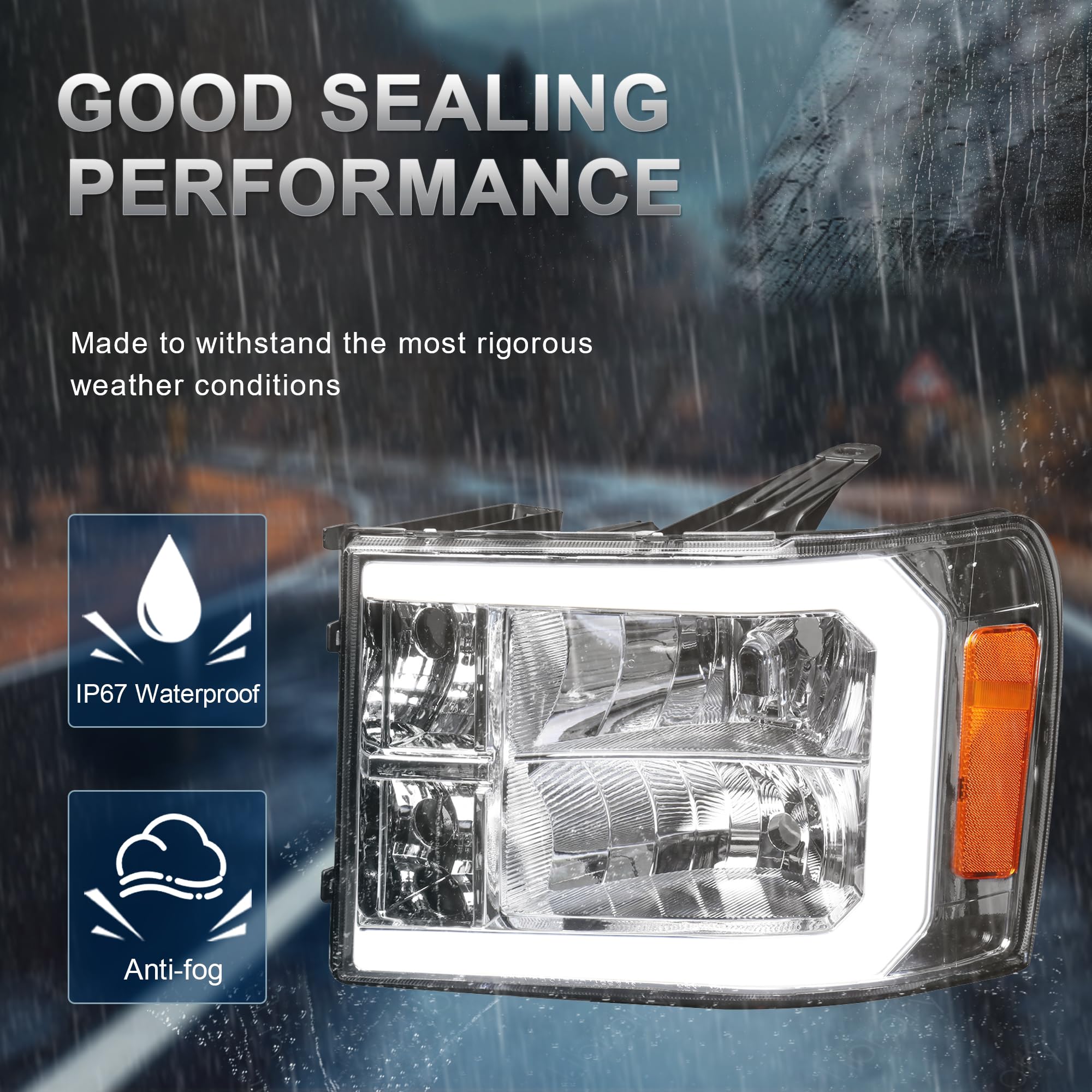 KUIPERAUTO Headlight Assembly Compatible with 2007-2013 GMC Sierra 1500, 2007-2014 GMC Sierra 2500HD 3500HD with Led bar Led DRL Front Lamp Black Housing/Clear Lens/Amber Cornor