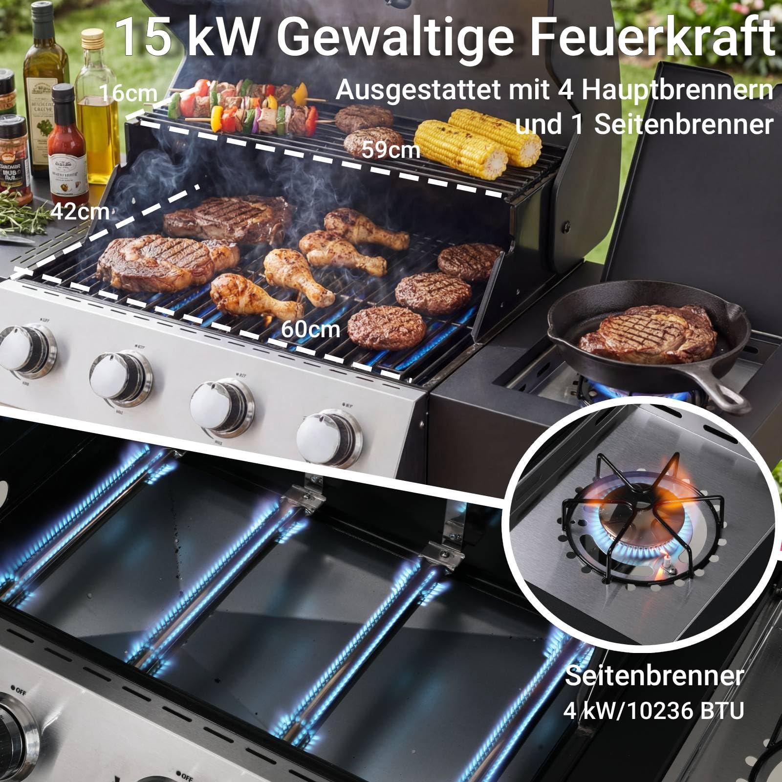15 kW gazowy 4+1 palnik, grill zewnętrzny z palnikiem bocznym, stal z termometrem, 60 x 42 cm, powierzchnia do gotowania, na balkon i do ogrodu