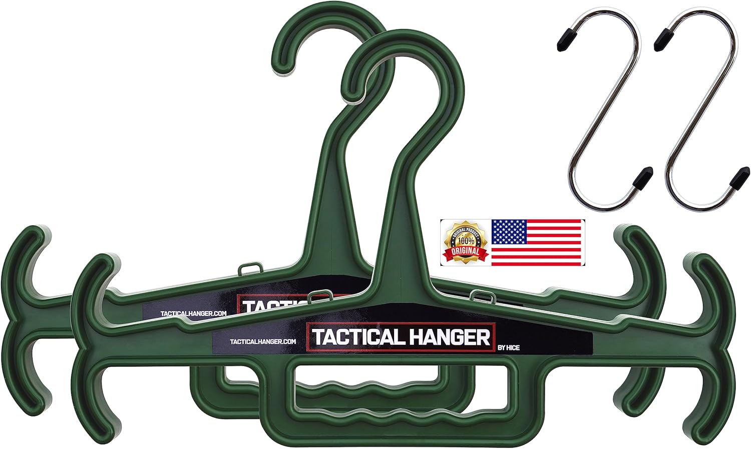 Tactical Hanger by HICE | Set of 2 | Original Heavy Duty Standard Hanger | 200 lb Load Capacity | Durable High Impact Resin | Body Armor, Police, Military Gear, Scuba, Survival Equipment (Dark Green)