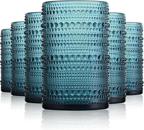 Hobnail - Juego de 6 vasos de cristal de colores vintage de 14.5 onzas, vasos altos para agua, jugo, cóctel (azul)