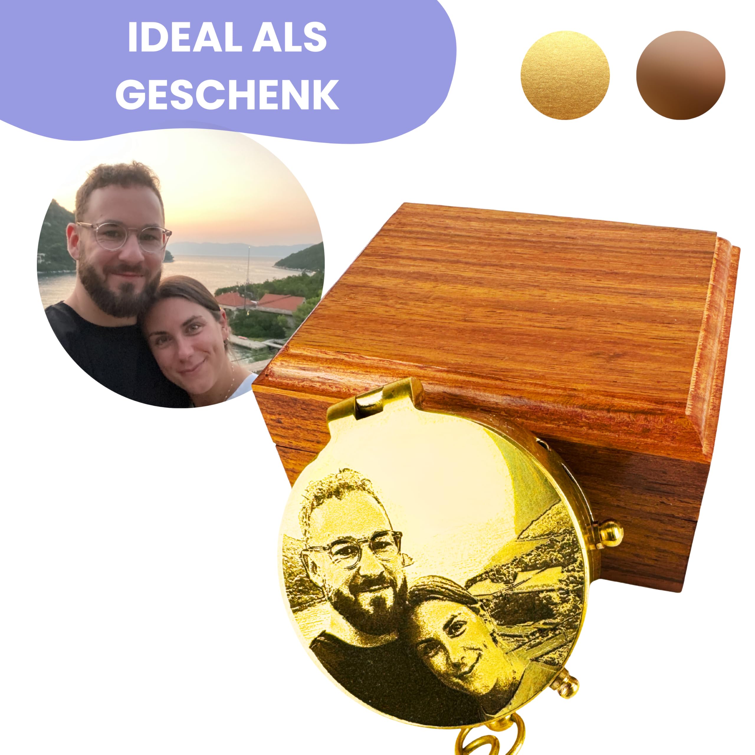 Personalisierter Kompass mit Foto Gravur Wunschfoto und Wunschtext Messing Ledertasche Geschenkbox Geschenkidee poliert oder Vintage Optik