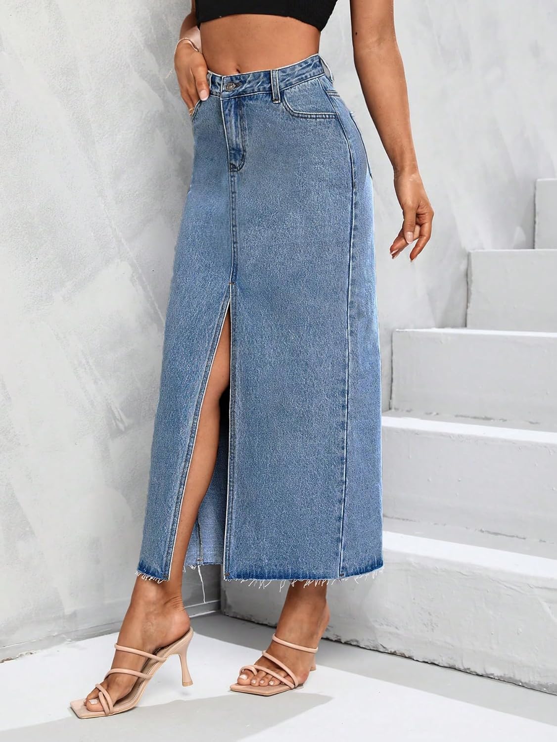 Women's High Waist Stretch Maxi Denim Skirt Front Split Frayed Raw Hem A line Casual Long Jean Skirt