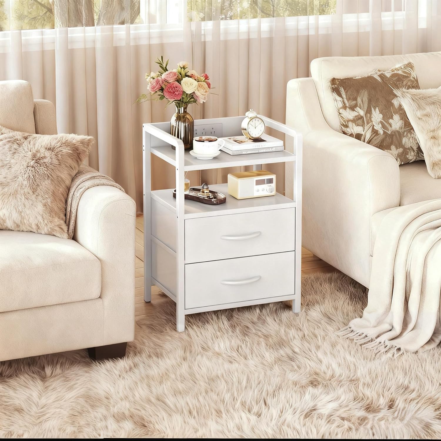 Night Stand with Charging Station, LED Nightstand with Storage 2 Shelfs & 2 Fabric Drawers, Morden End Table with U-S-B Ports & AC Outlets, White - Image 6