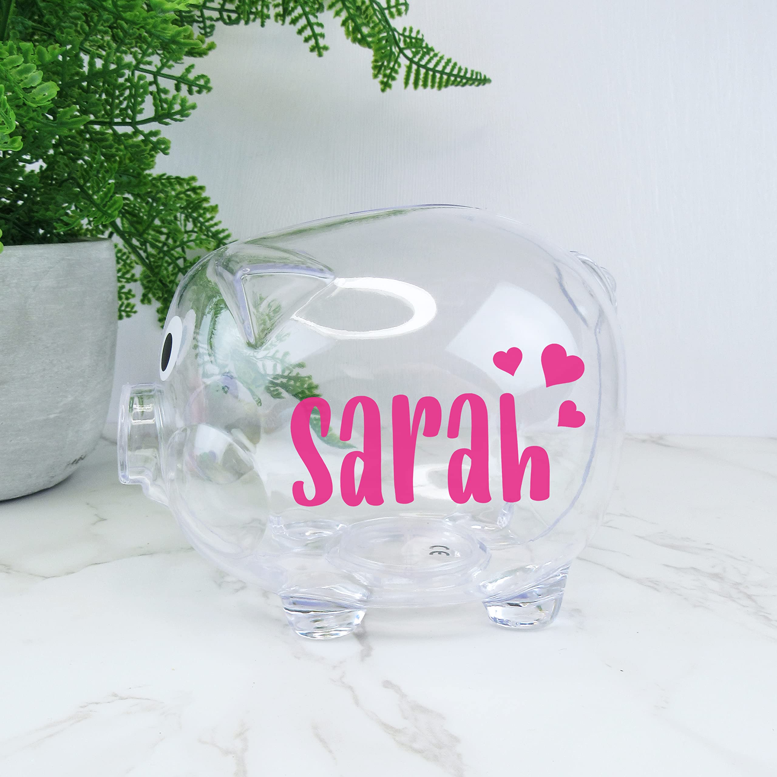 eBuyGB Personalised Transparent Plastic Piggy Bank, Kids Money Box, Saving Money Jar Keepsake for Children, Novelty Gift (Transparent)