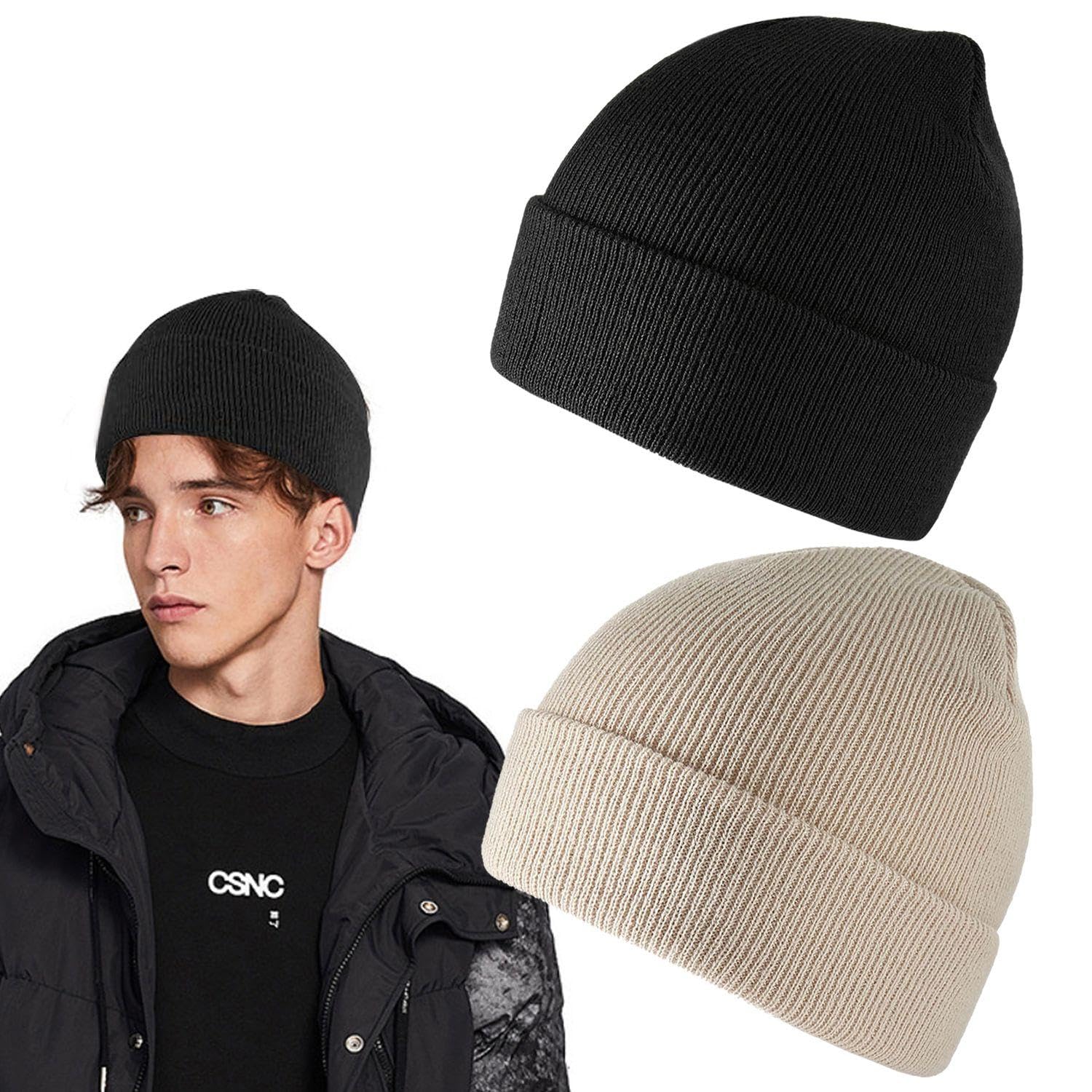 Wufgwbd Unisex Black 2 Pieces Of Solid Color Knitted Hats, Simple Knitted Hats, Elastic Knitted Hats, Soft Knitted Hats, Windproof Warm Hats, Sports Knitted Hats