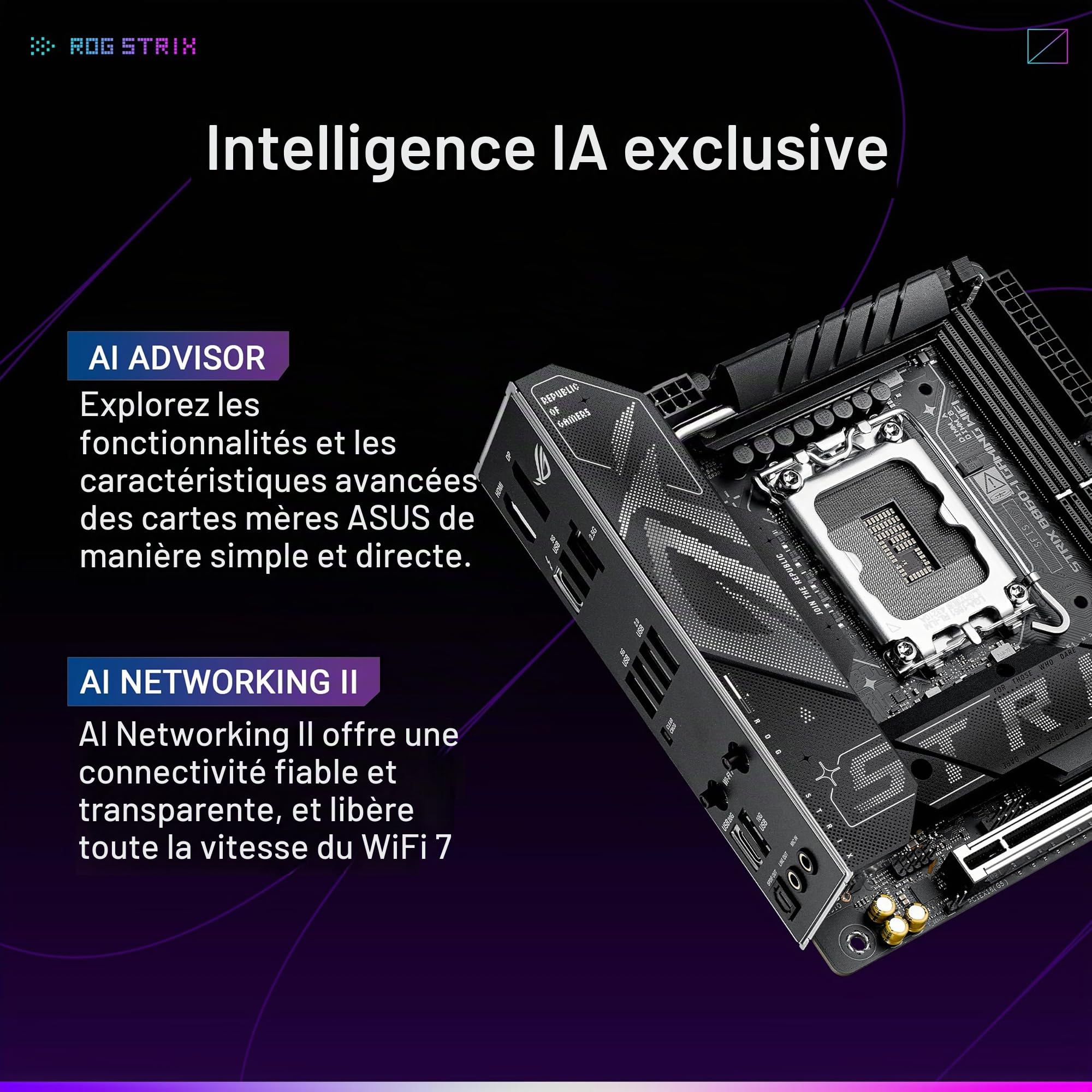 ASUS ROG Strix B860-I Gaming WiFi, Carte mère Mini-iTX, prête pour PC avec IA avancée, 10 + 1 + 2 + 1 Niveaux de Puissance, DDR5, PCIe 5.0, Deux emplacements M.2, WiFi 7, ASUS AI Advisor, AI
