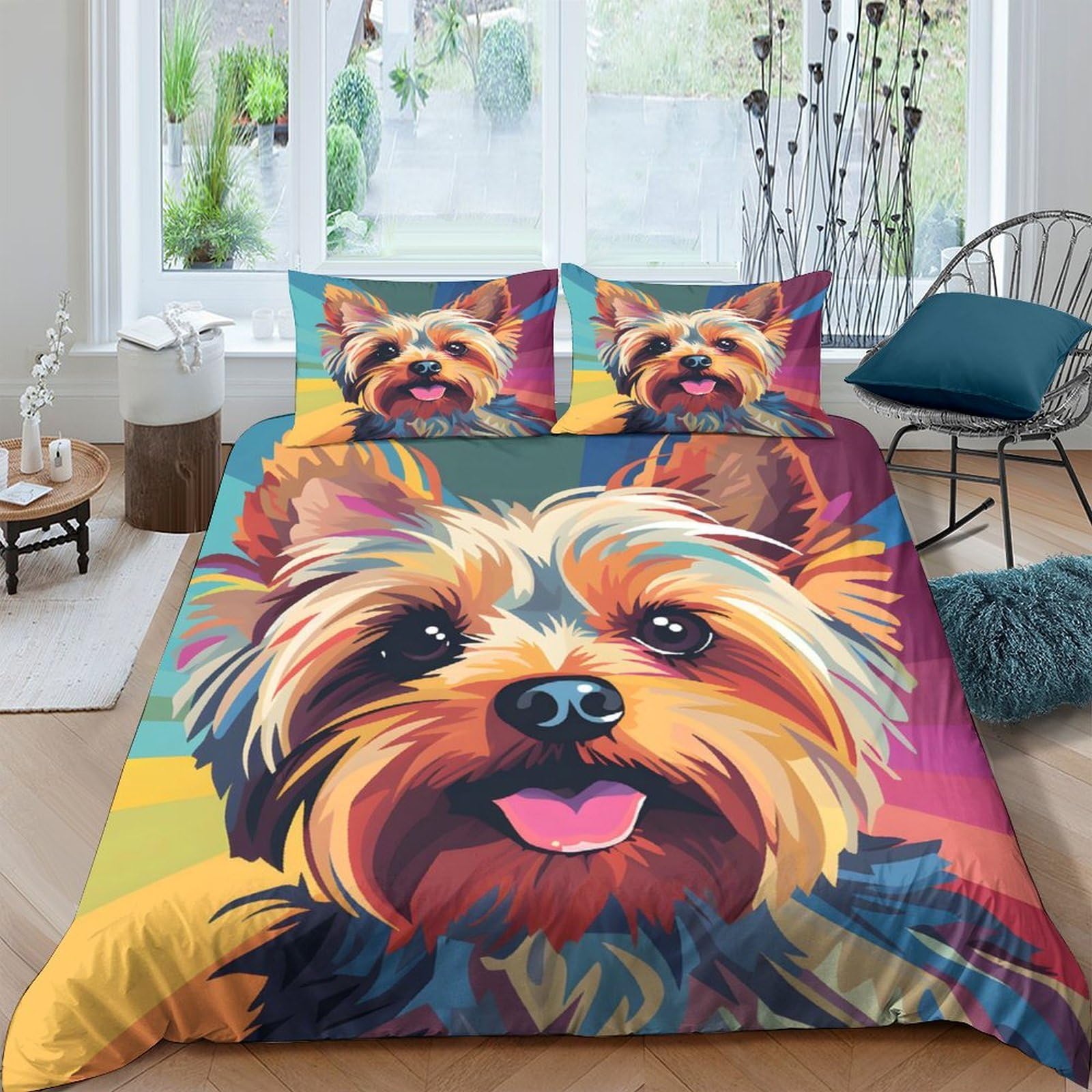 Ctjqhvkz Style-4 3D Printed Yorkshire Terrier Fitted Sheet Microfiber Colorful Dog Bed Cover Anti-Slip Machine Washable Bedroom Decor Single（135X200cm）