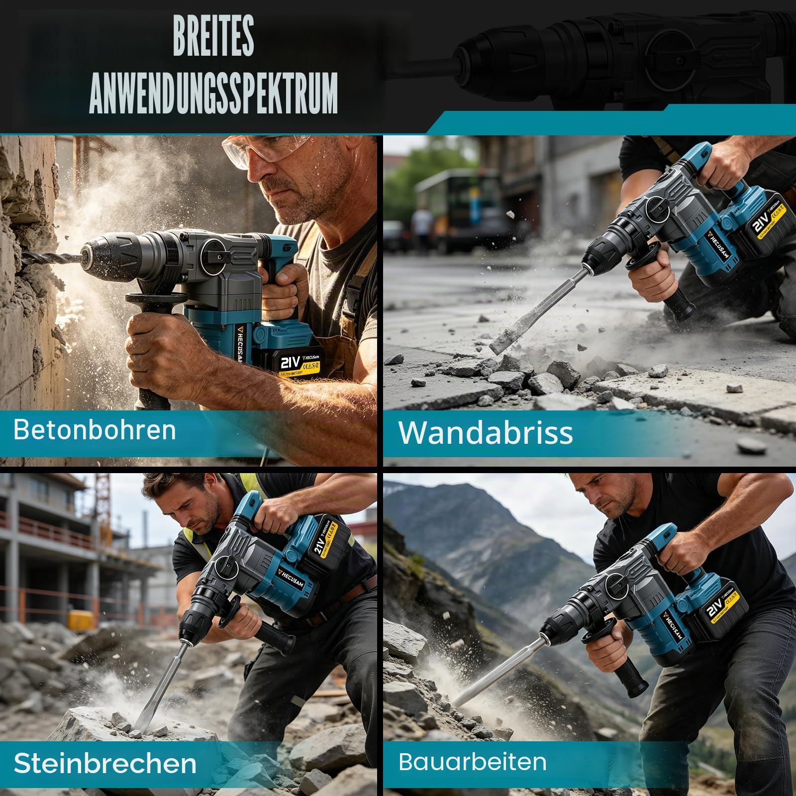 8J SDS Plus Akku Bohrhammer, 0-3000U/Min Bürstenlos, Schlagbohrmaschine mit 2×4.5Ah Akku (Kompatibel mit Makita 18-V-Akkus), Anti-Vibrationsgriff und Sicherheitskupplung für Beton, Renovierung & DIY