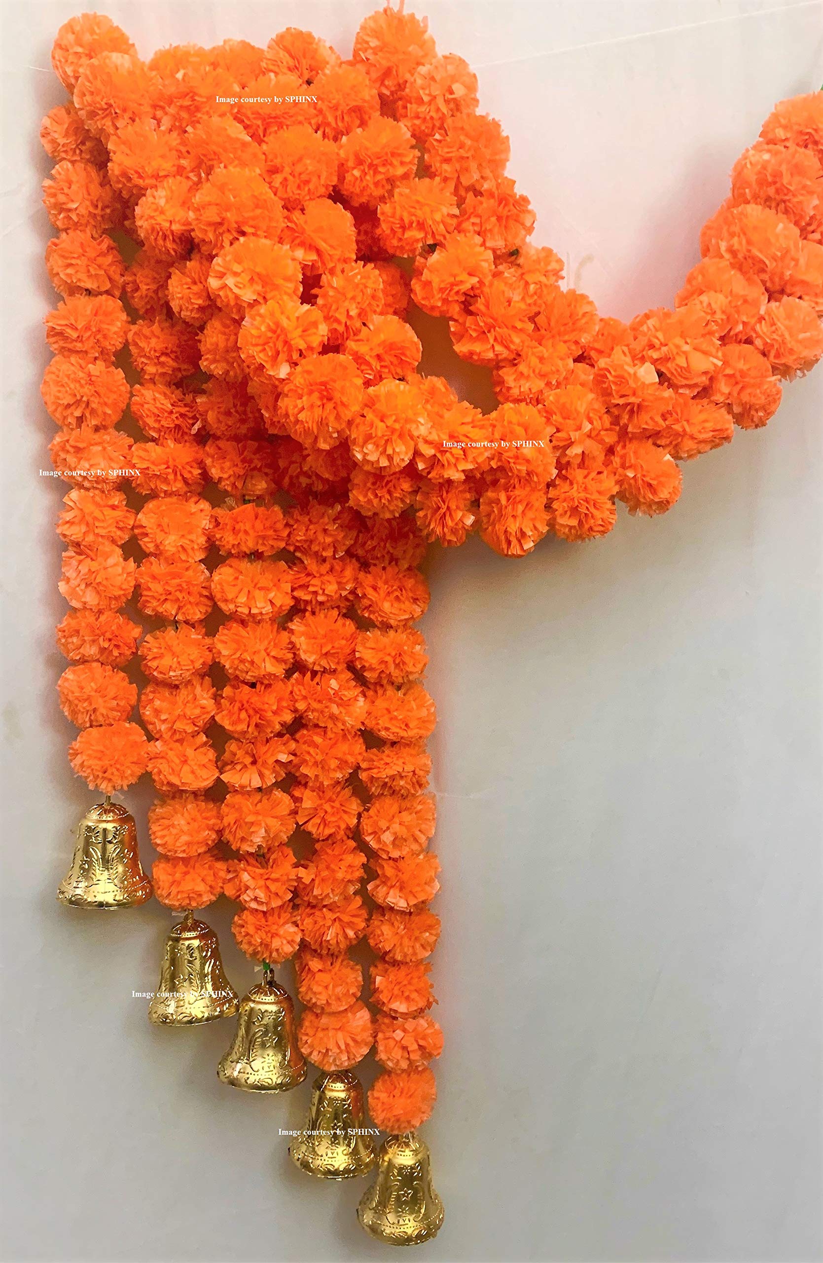 SPHINX Artificial Marigold Fluffy Flowers and Golden/Silver Hanging Bells Garlands/Torans/Wall hangings for Decoration- 30 Flowers per String - (Dark Orange, 5)