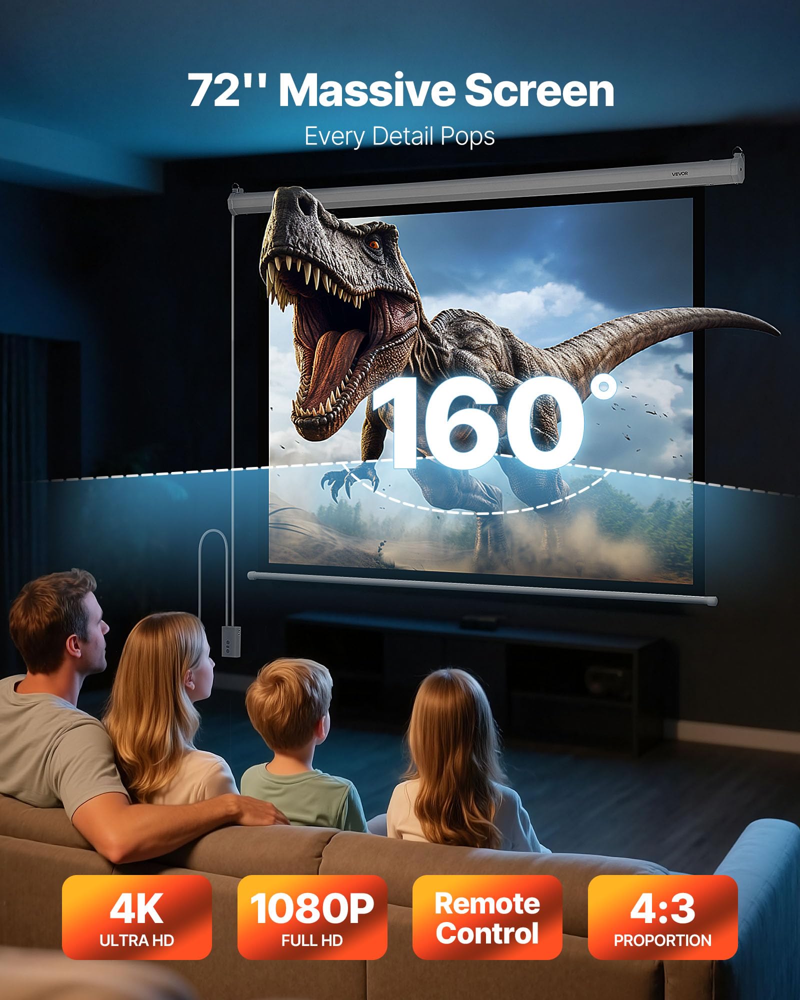 VEVOR Pantalla de Proyector Motorizada 1448 x 1090 mm, 4:3, 1080 HD, Pantalla de Proyección Eléctrica de Pared con Control Remoto, Angular de 160°, Material de PVC, para Cine en Casa, Oficina