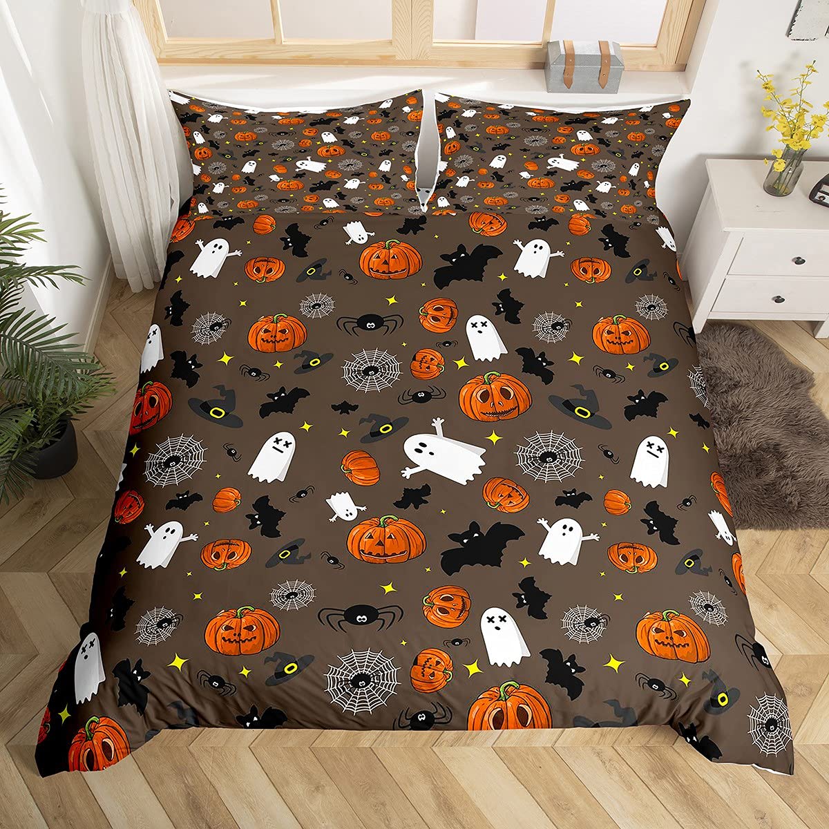 Loussiesd Boys Skull Comforter Set Pumpkin Lantern Bedding Set for Kids Teens Halloween Horror Ghosts Bats Decor Comforter Brown Quilt with 2 Pillowcases 3Pcs Bedding Super King Boys