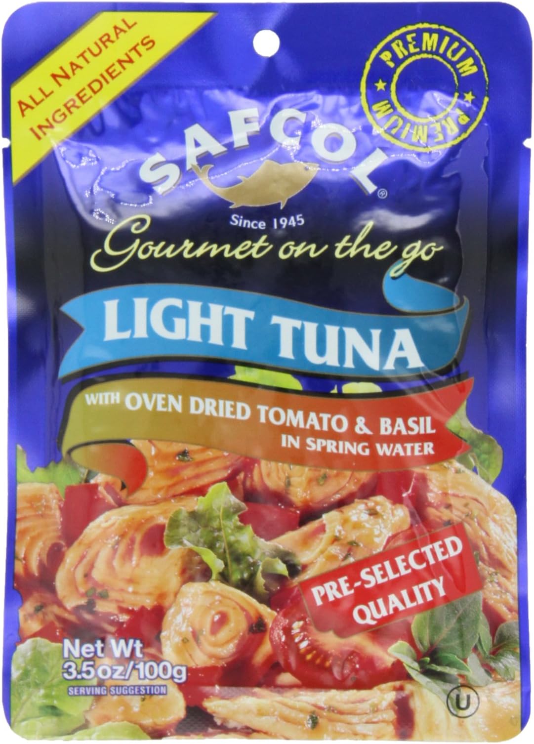 SAFCOL Gourmet on the Go Chunk Light Tuna with Oven Dried Tomato and Basil in Spring Water, 3.5-Ounce Pouches (Pack of 12)