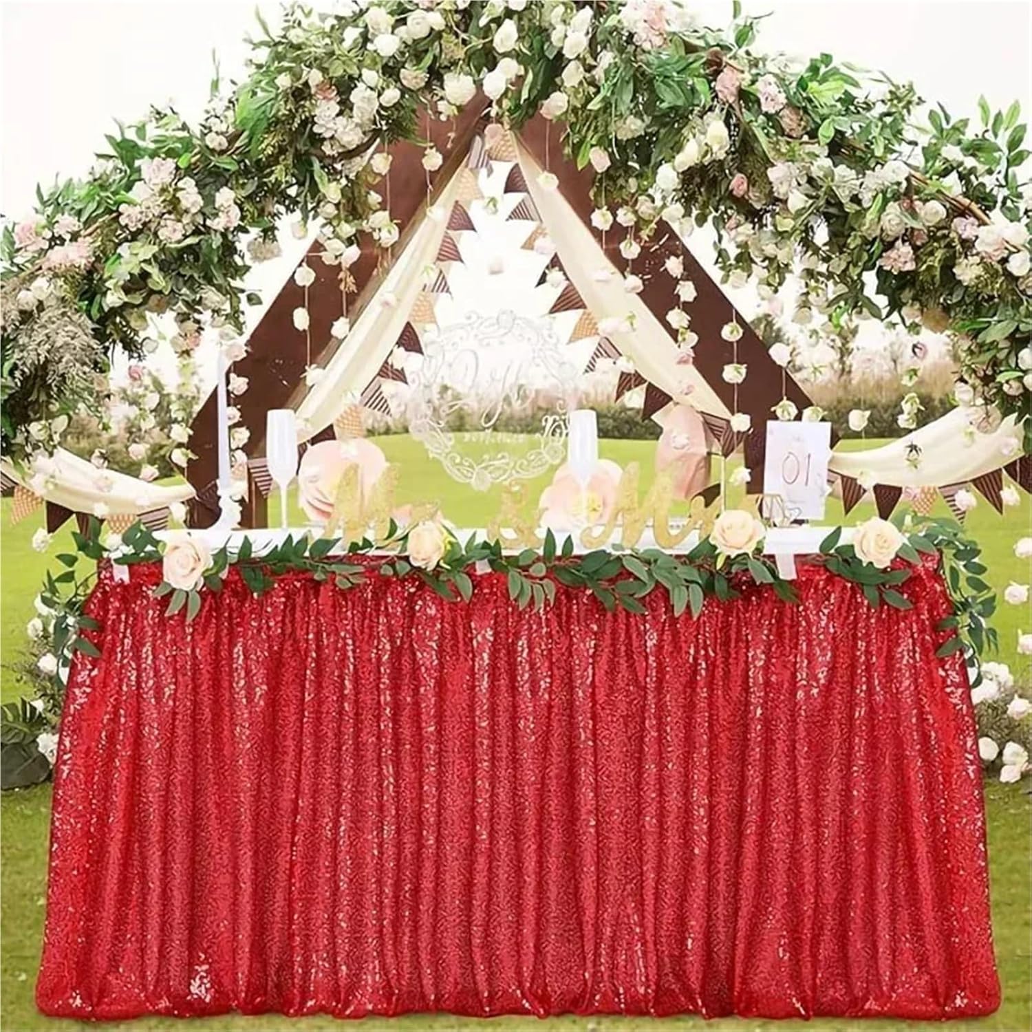 Table Skirt Sequin Table Skirt Tables Flash Cloth Birthday Party Decor Wedding Festival Event Rectangle Glitter Skirts Decoration(Rose gold,6FT 70x183cm)