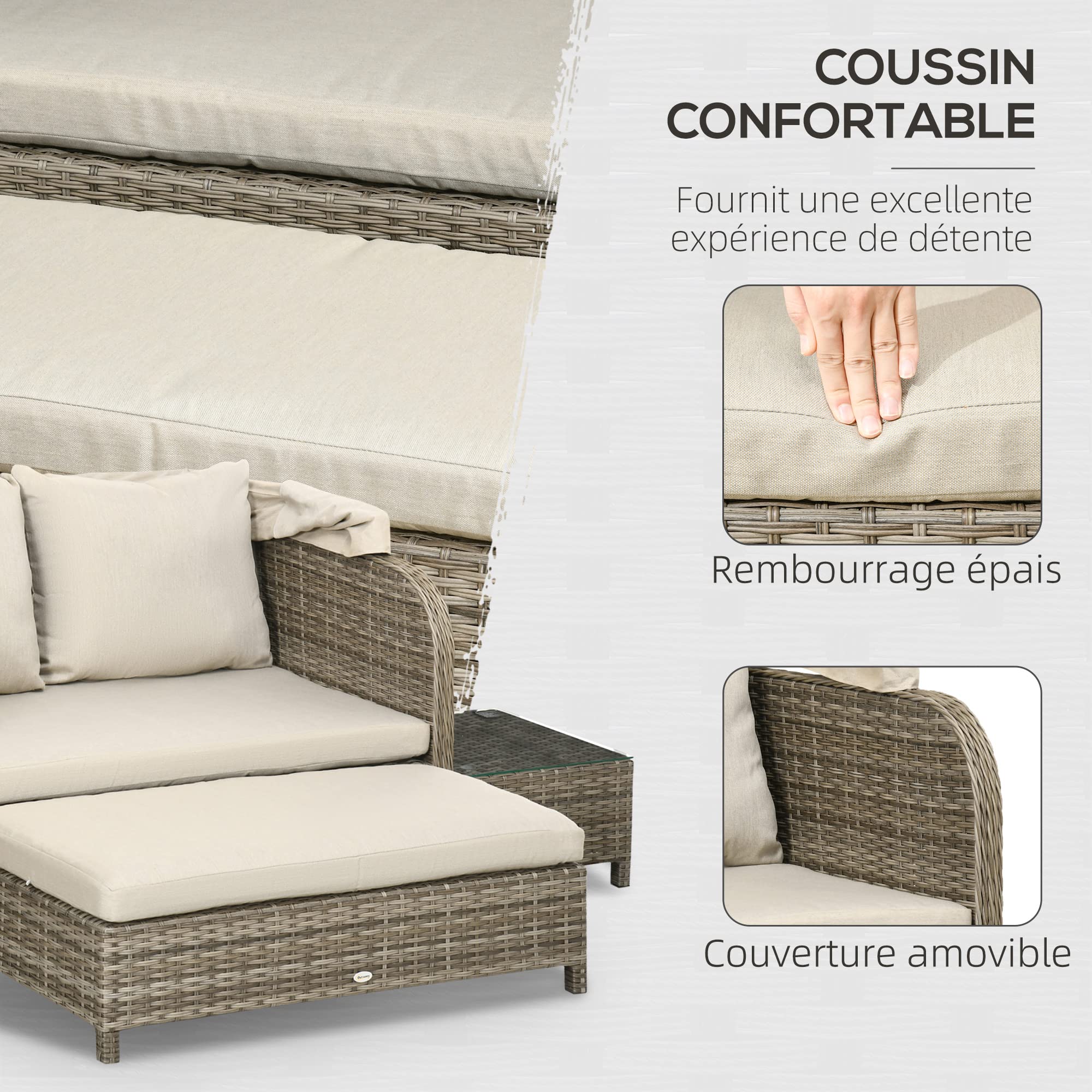 Outsunny Ensemble Salon de Jardin 4 pièces canapé 2 Places + 1 Repose-Pieds + 2 Table Basse avec Coussins - métal galvanisé et résine Aspect rotin - Beige Marron