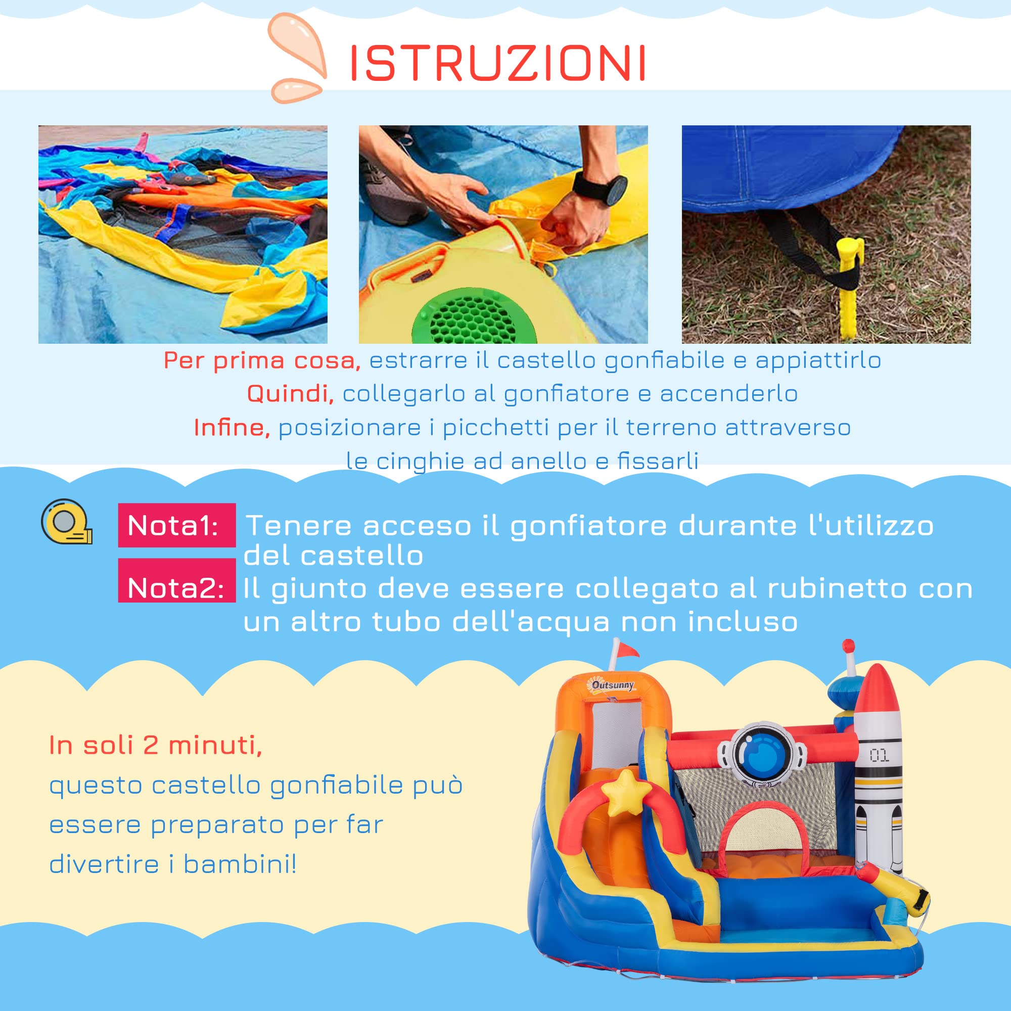 Outsunny Castello Gonfiabile per Bambini 3-8 Anni a tema Spazio con Borsa da Trasporto, 11 Paletti e Toppe Inclusi, in Tessuto Oxford, 340x270x227 cm