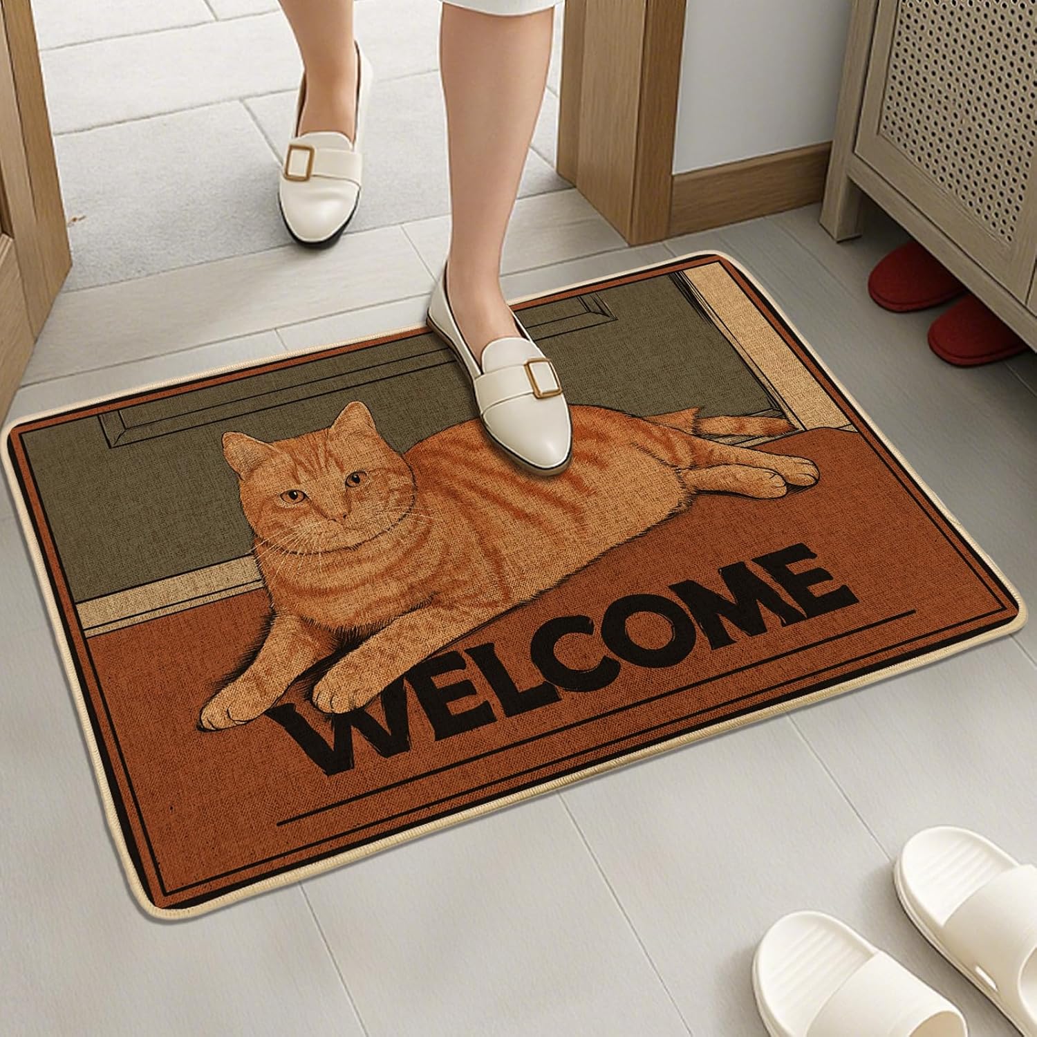 Charming Cat Welcome Mat, Orange Feline Door Mat for Indoor & Outdoor Spaces Cozy, Non-Slip Rubber Dust Absorbent Entry Mats, Easy Care 29x17 Inch