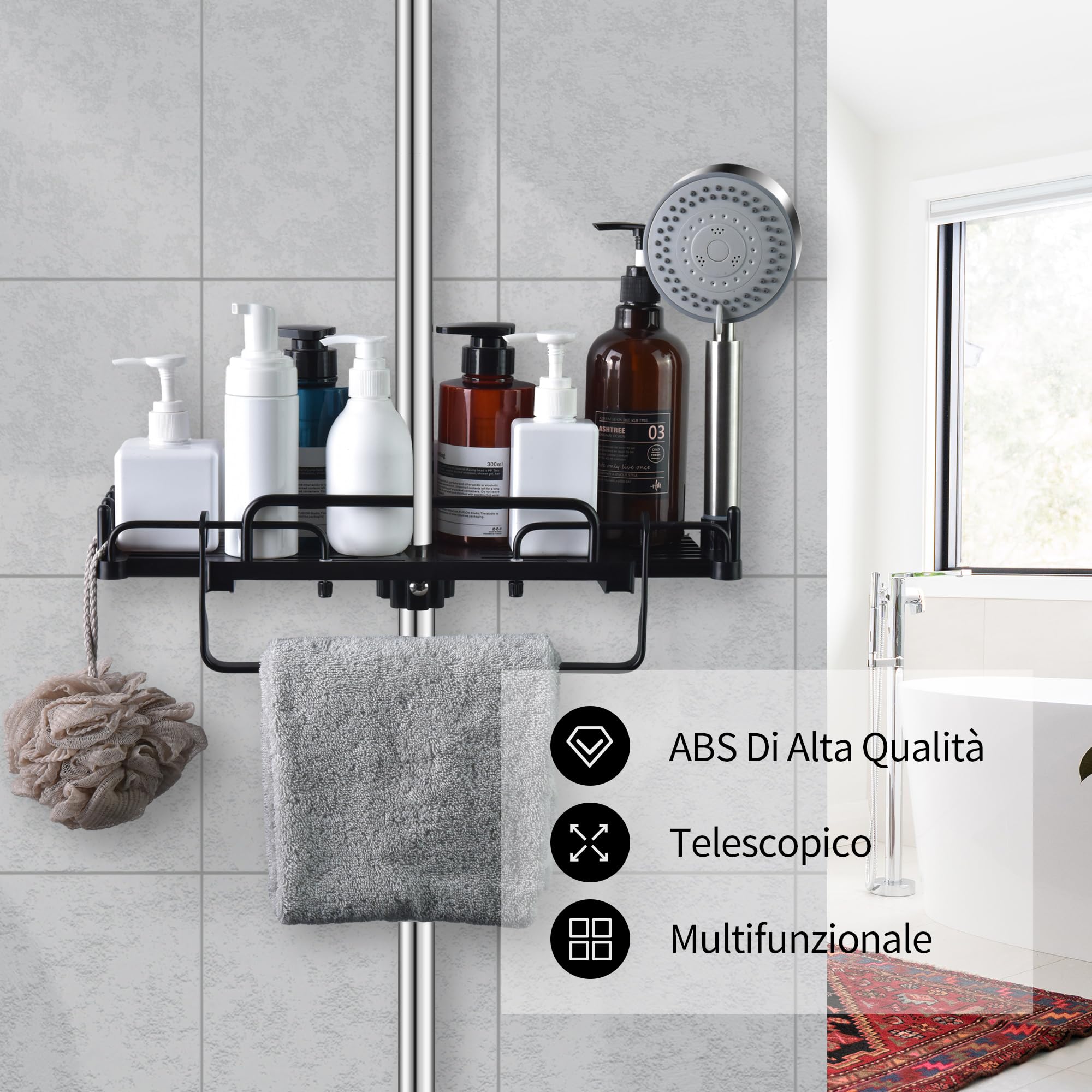 Lolypot Mensola per Doccia Senza Foratura, telescopica, 32-48 cm, Asta Doccia con Porta Asciugamani, per Il Bagno, per la Doccia, per Asta Doccia da 18mm a 25mm (Nero)