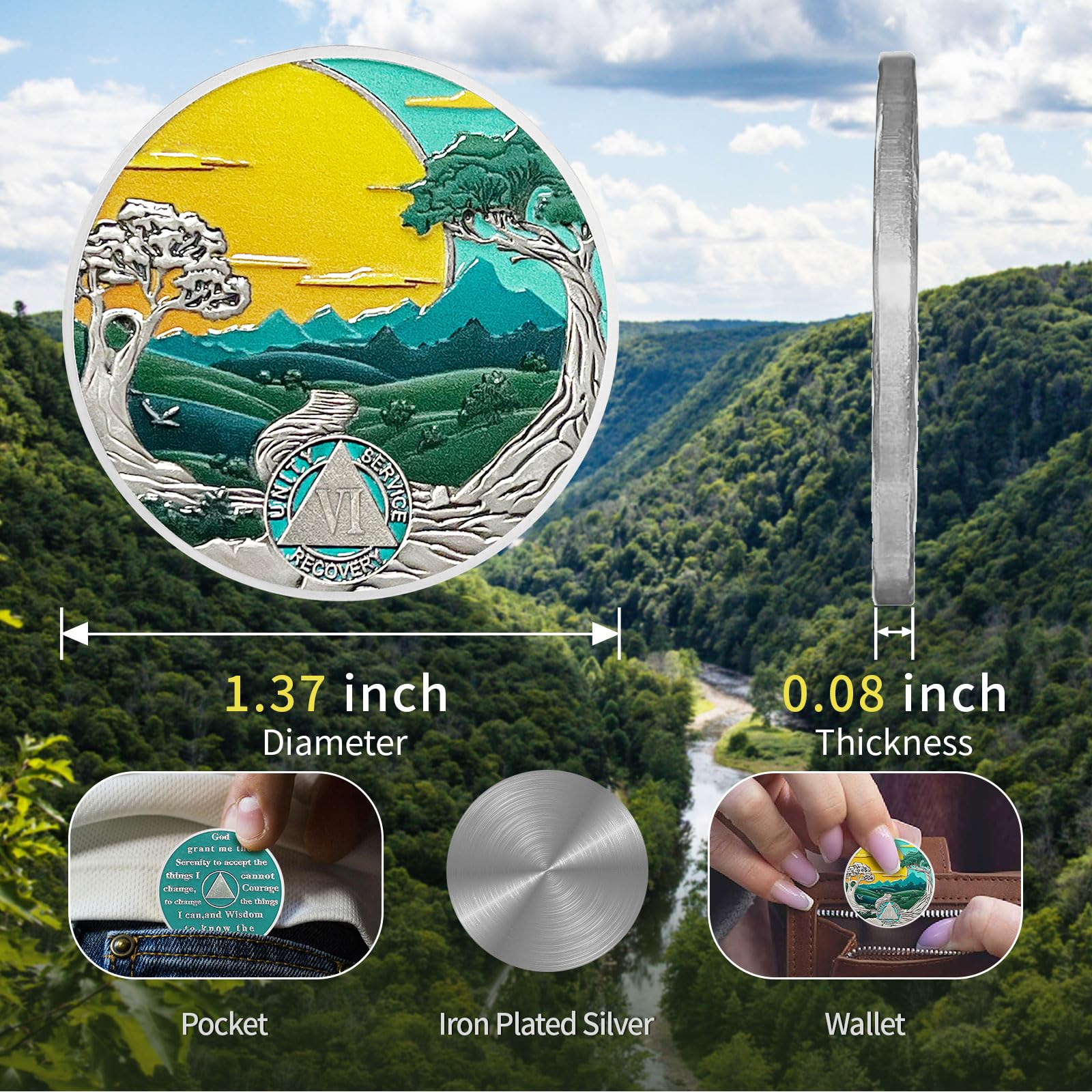 Pièce de sobriété de 6 ans – Médaillon solaire – Puces AA et médaillon pour homme et femme – Jeton de convalescence – Cadeau d'anniversaire de mariage – Pièce d'arbre de forêt